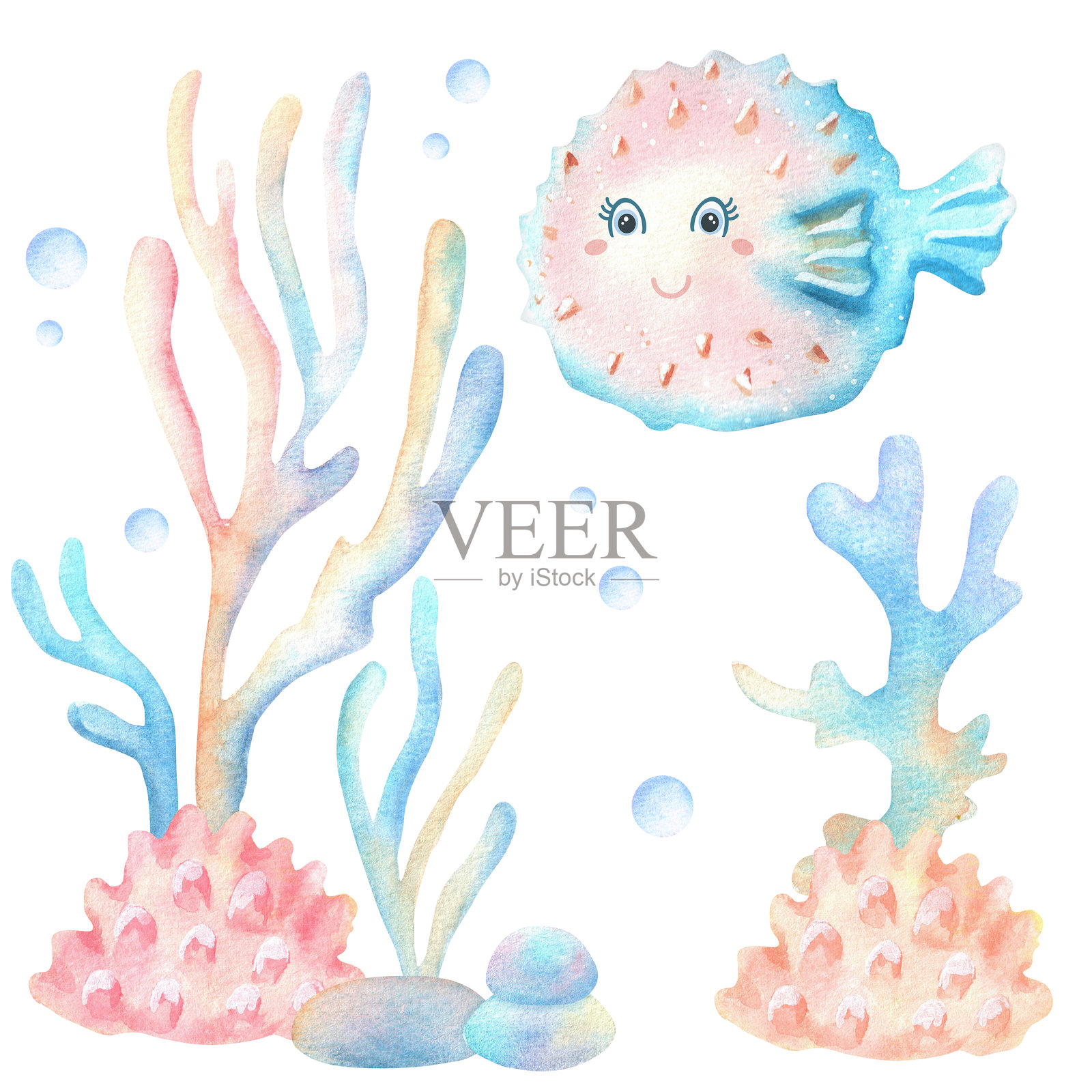 水下场景中的蓝绿色粉色河豚鱼卡通形象，周围有色彩缤纷的珊瑚、海藻和气泡。海洋王国剪贴画。手绘水彩插画，适用于海报、明信片、婴儿房设计。插画图片素材