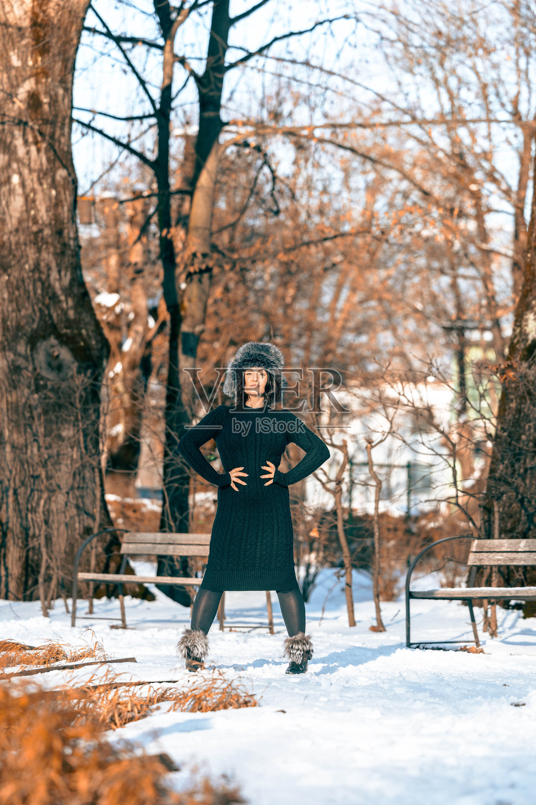 身着黑裙和毛皮帽的女子自信地站在雪地公园里，周围是光秃秃的树木和长椅，展现了冬季时尚和户外生活方式照片摄影图片