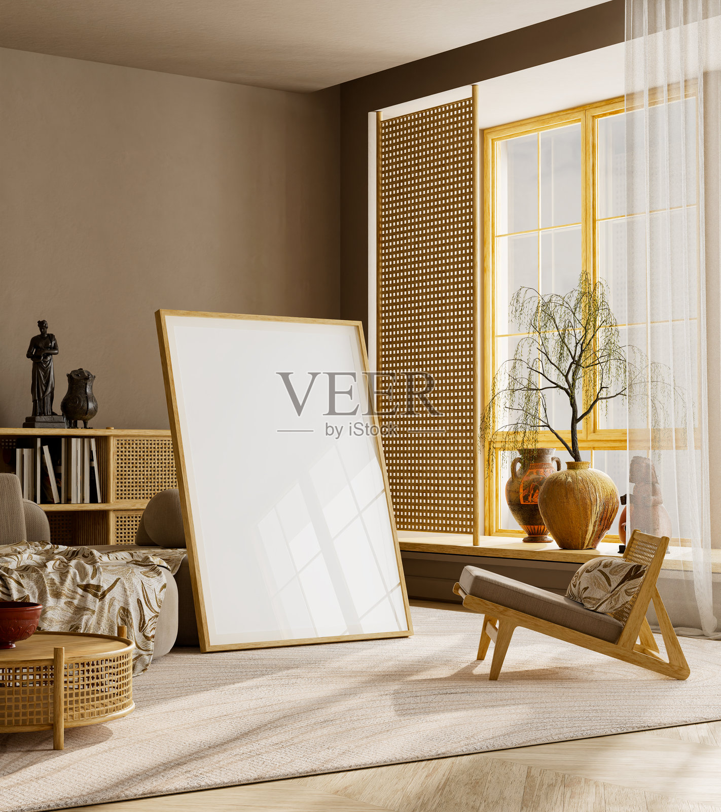 现代海报画框模型，室内配有藤制家具、雕塑和柔和的暖色调。3D插画。照片摄影图片