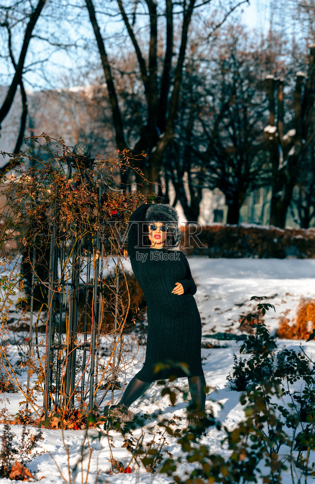 身着黑色连衣裙和毛皮帽的时尚女子自信地站在雪地公园里，周围环绕着树木和冬季植被，尽显冬日时尚与优雅照片摄影图片