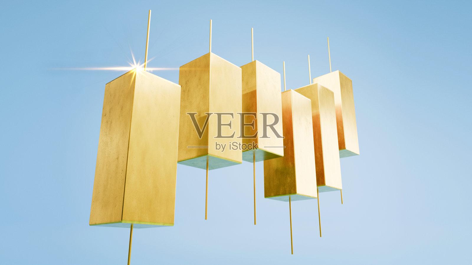 金色金融蜡烛图在蓝色背景上漂浮。股市成功、财富增长和优质交易分析。外汇或加密货币市场的豪华投资机会。照片摄影图片