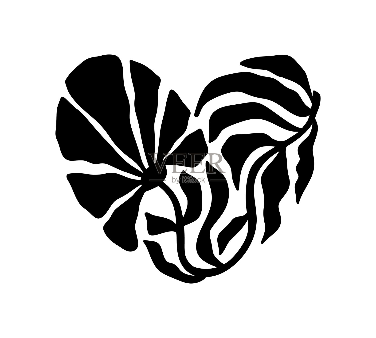 黑色花瓣和有机叶子构成的花卉矢量心形，组成“情人节”字样，象征着爱与自然之美插画图片素材