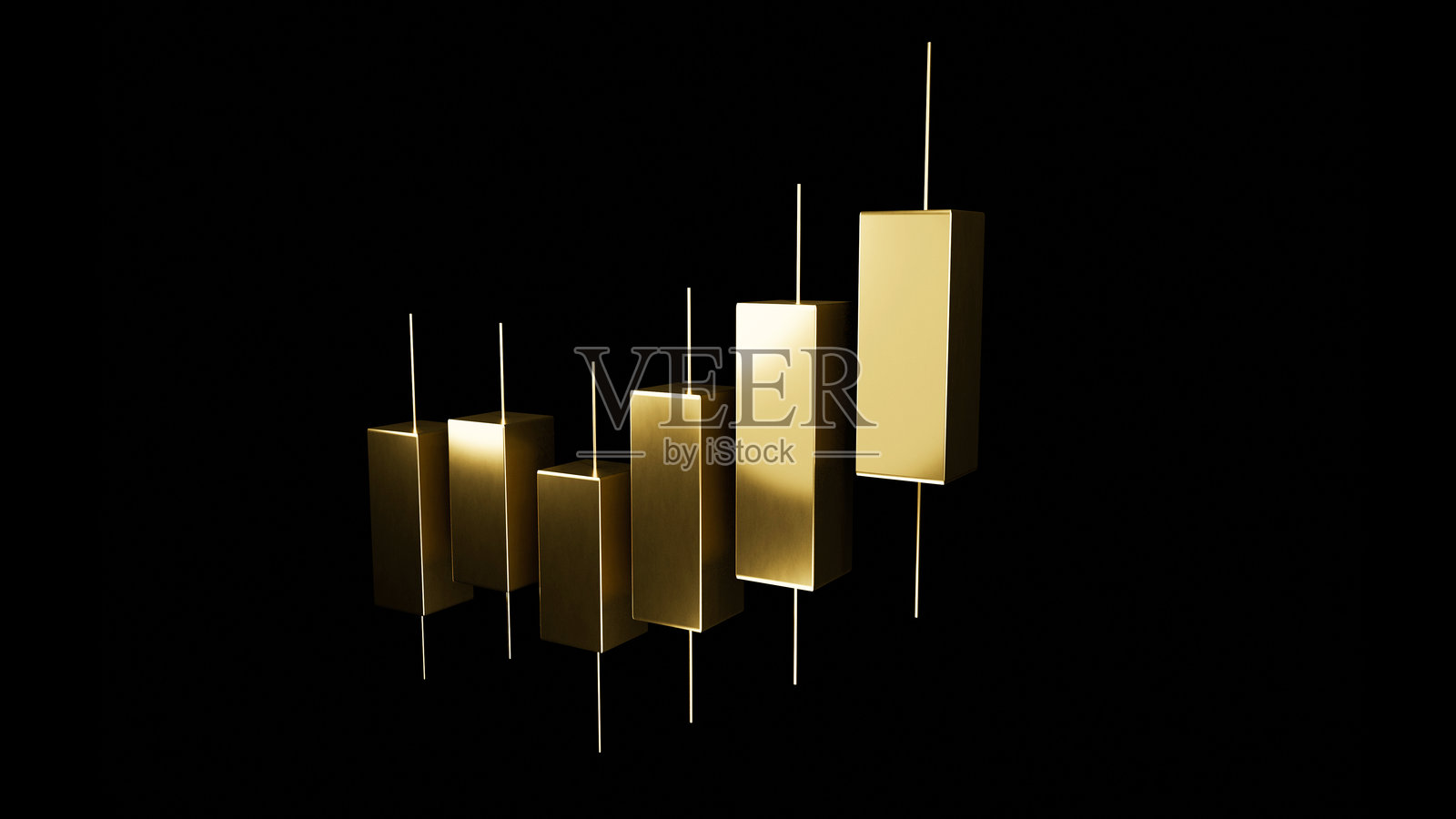 金色数字资产可视化，代表看涨的加密货币市场走势。现代3D渲染的交易柱状图，用于比特币交易、外汇分析和电子交易平台。照片摄影图片