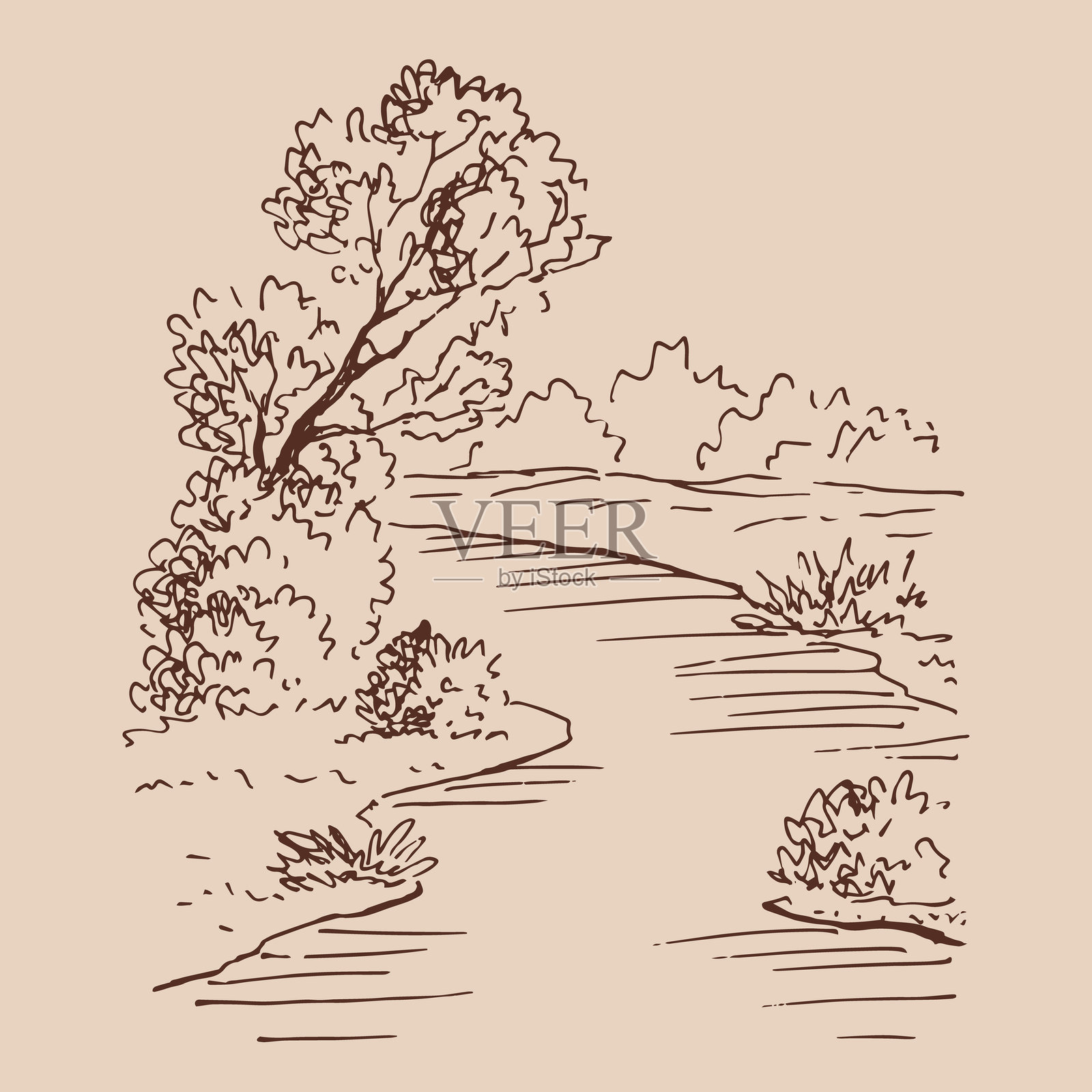 森林河流。手绘矢量图。插画图片素材