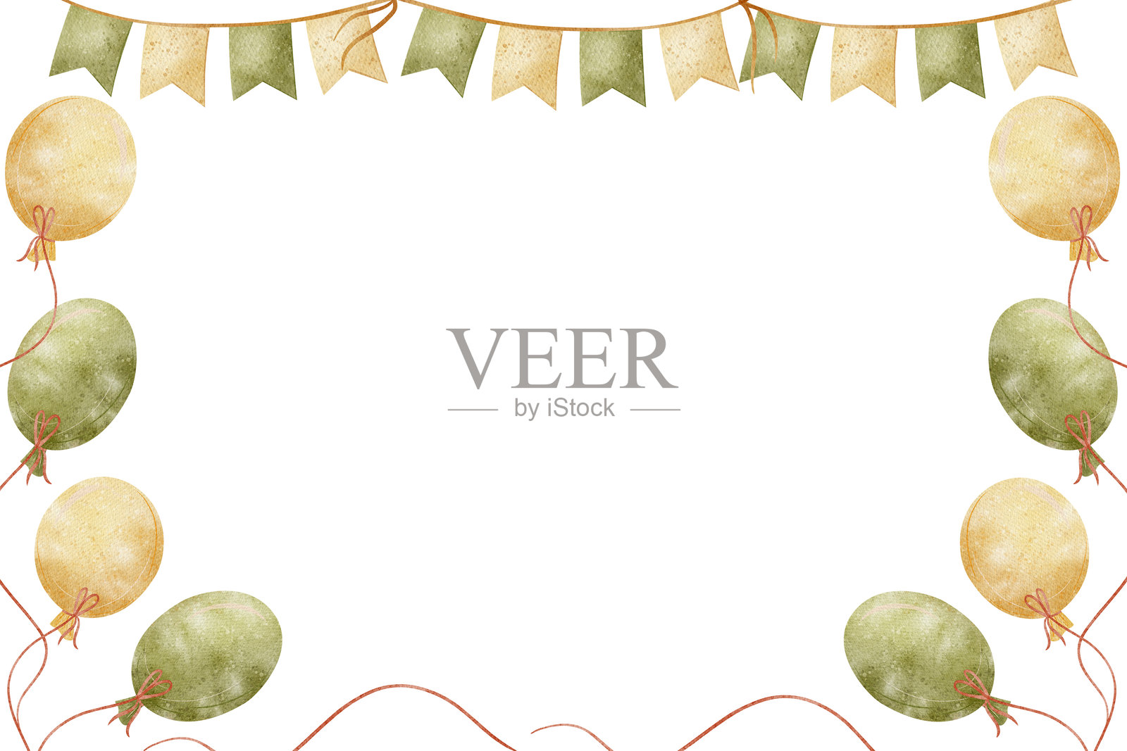 水彩风格的边框，包含黄色和绿色的气球、花环和旗帜。儿童风格的手绘插画。背景隔离的模板，用于生日贺卡、海报、节日邀请函设计。插画图片素材