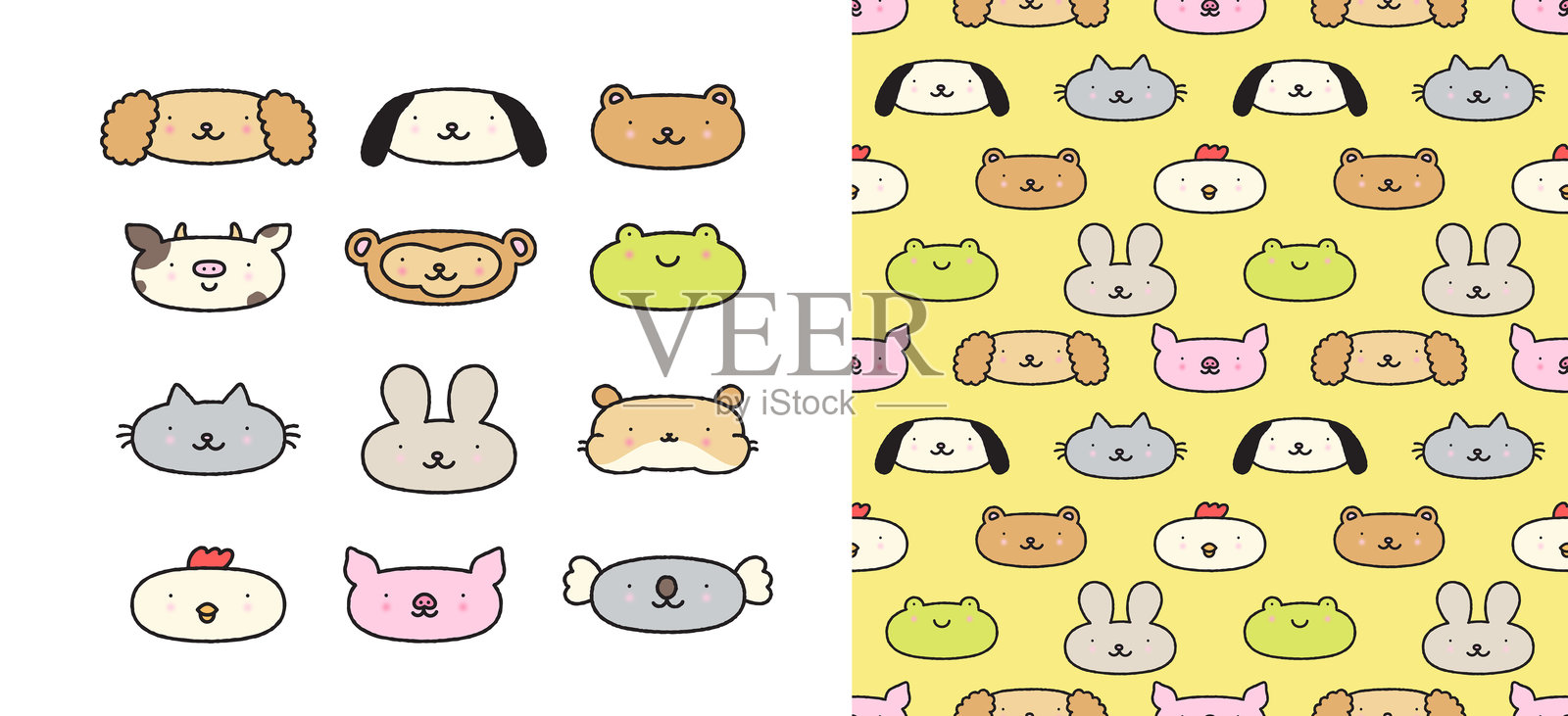 可爱的动物涂鸦卡通无缝图案集插画图片素材