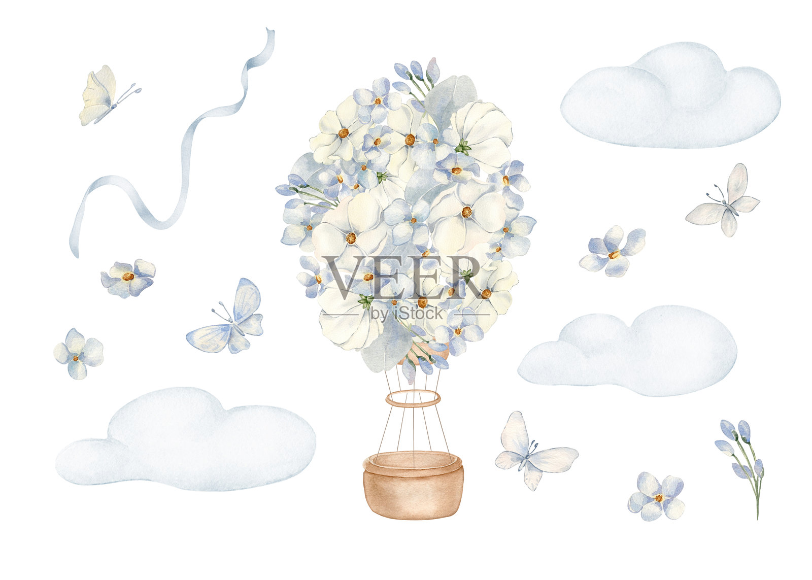 气球和篮子水彩蓝色插画套装，孤立背景。手绘热气球和淡色花朵。中性色调的云朵、蝴蝶和缎带。为婴儿生日卡片设计的图画。插画图片素材