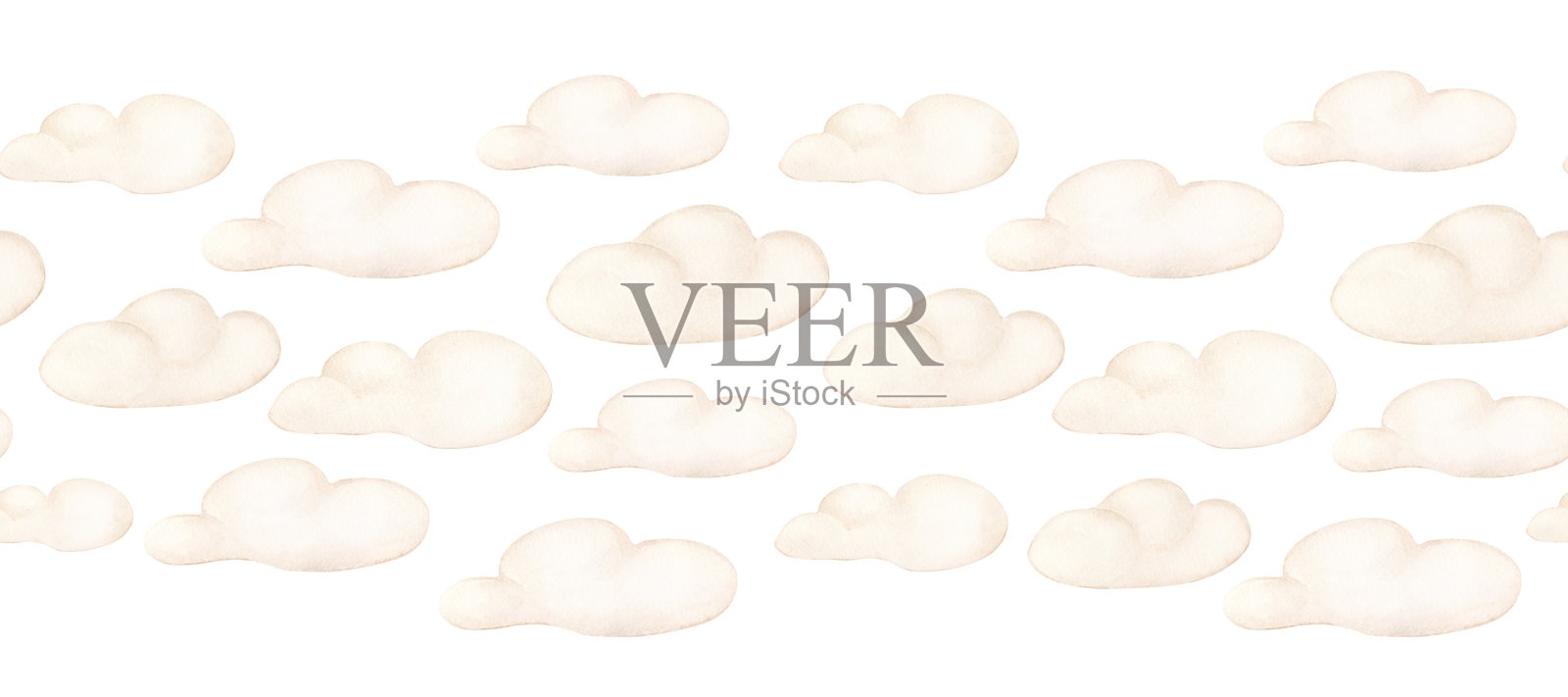 米色云朵边框水彩无缝隔离。手绘云朵重复图案，适用于托儿所装饰和请柬。无限背景，用于婴儿公告、托儿所墙壁艺术和剪贴簿的装裱。插画图片素材