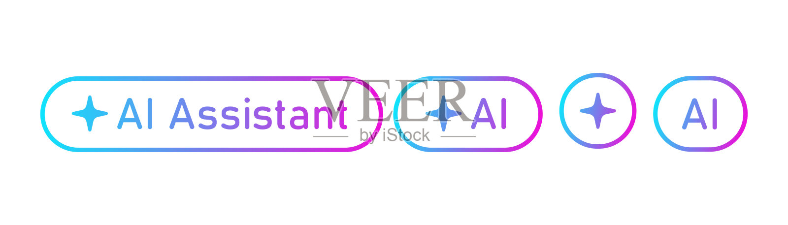 人工智能助手按钮，AI 星标，人工智能符号，渐变蓝紫数字AI机器人标志，魔法星智能助手元素，矢量插画，孤立在白色背景上插画图片素材