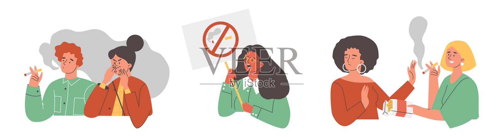 扁平风格，抽烟且不满的人群，矢量插画插画图片素材