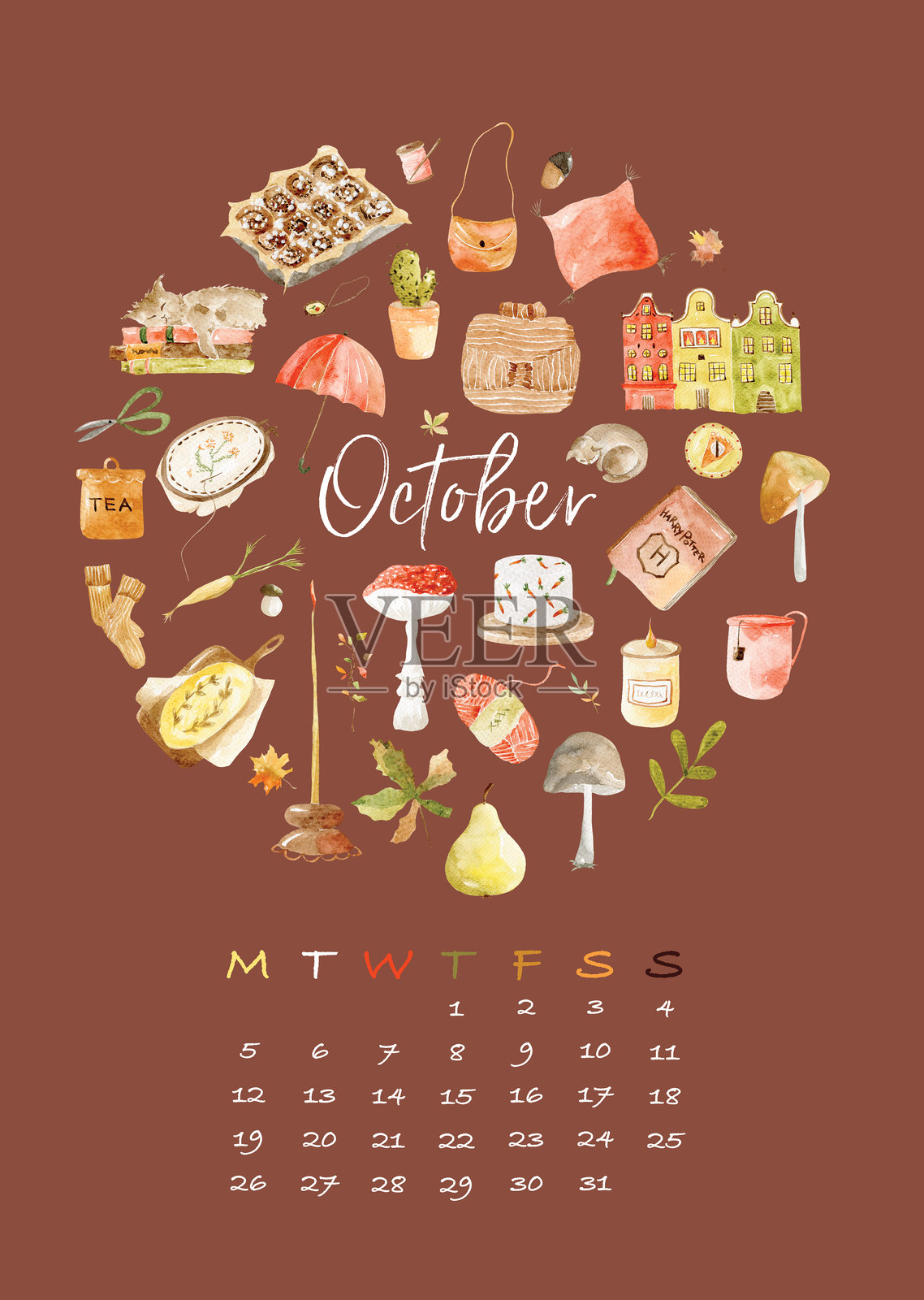水彩十月日历插画，包含秋季季节元素插画图片素材