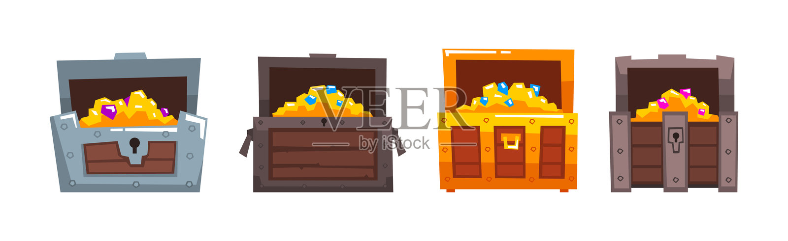 开启宝箱，内含金币和财富的矢量图集插画图片素材