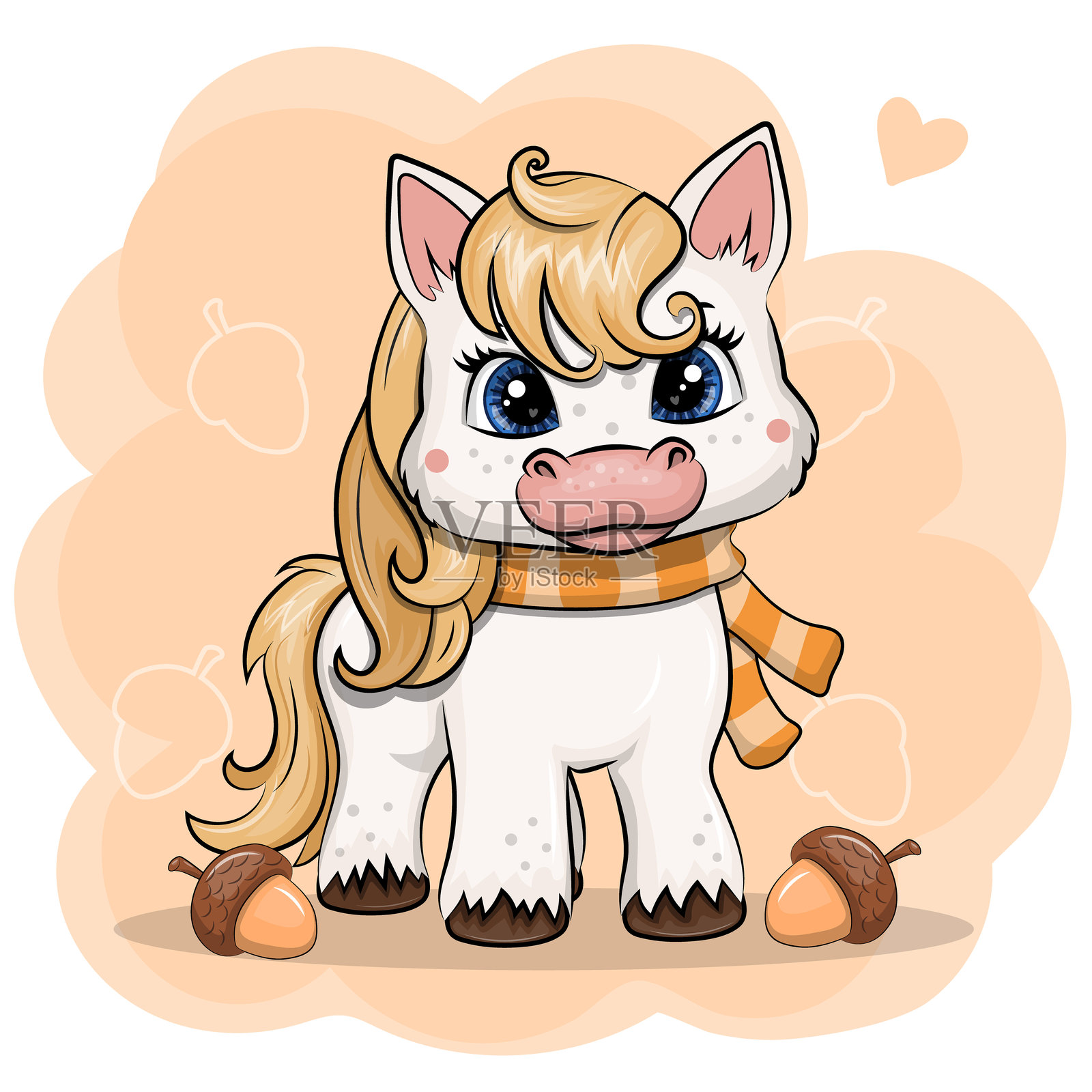 可爱的卡通马，围着围巾，带着橡子。插画图片素材