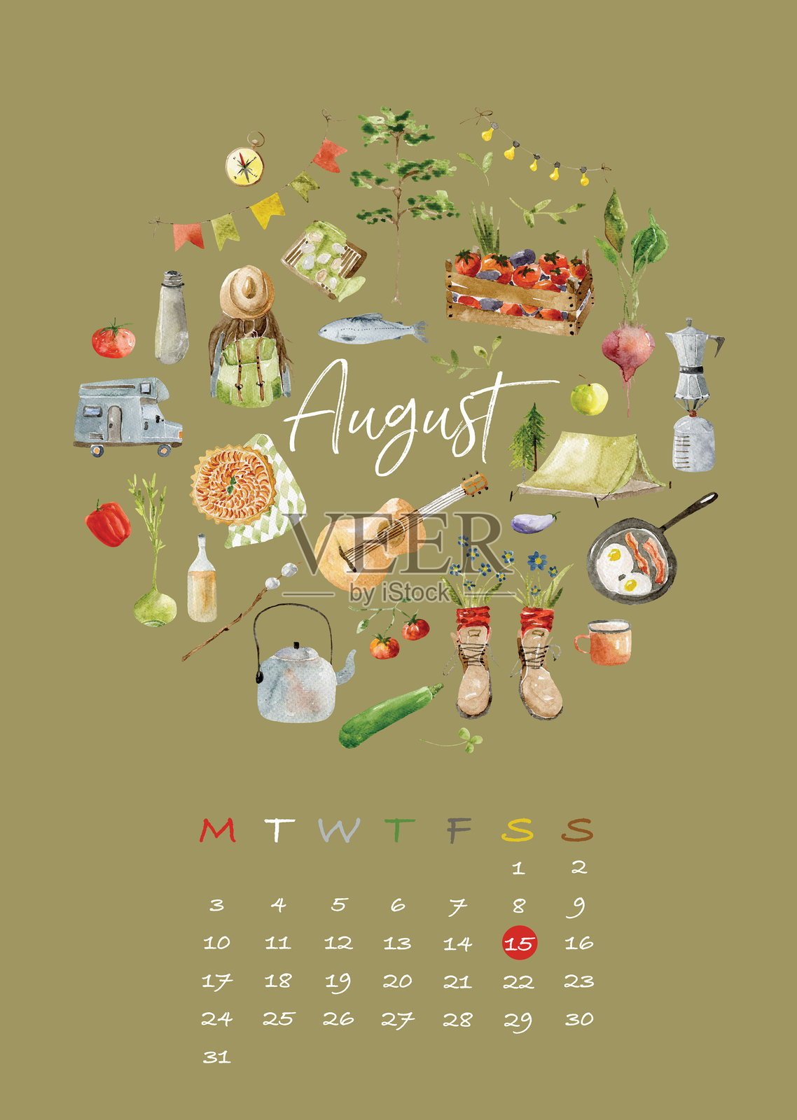 水彩八月日历插画，包含丰收和夏末元素插画图片素材