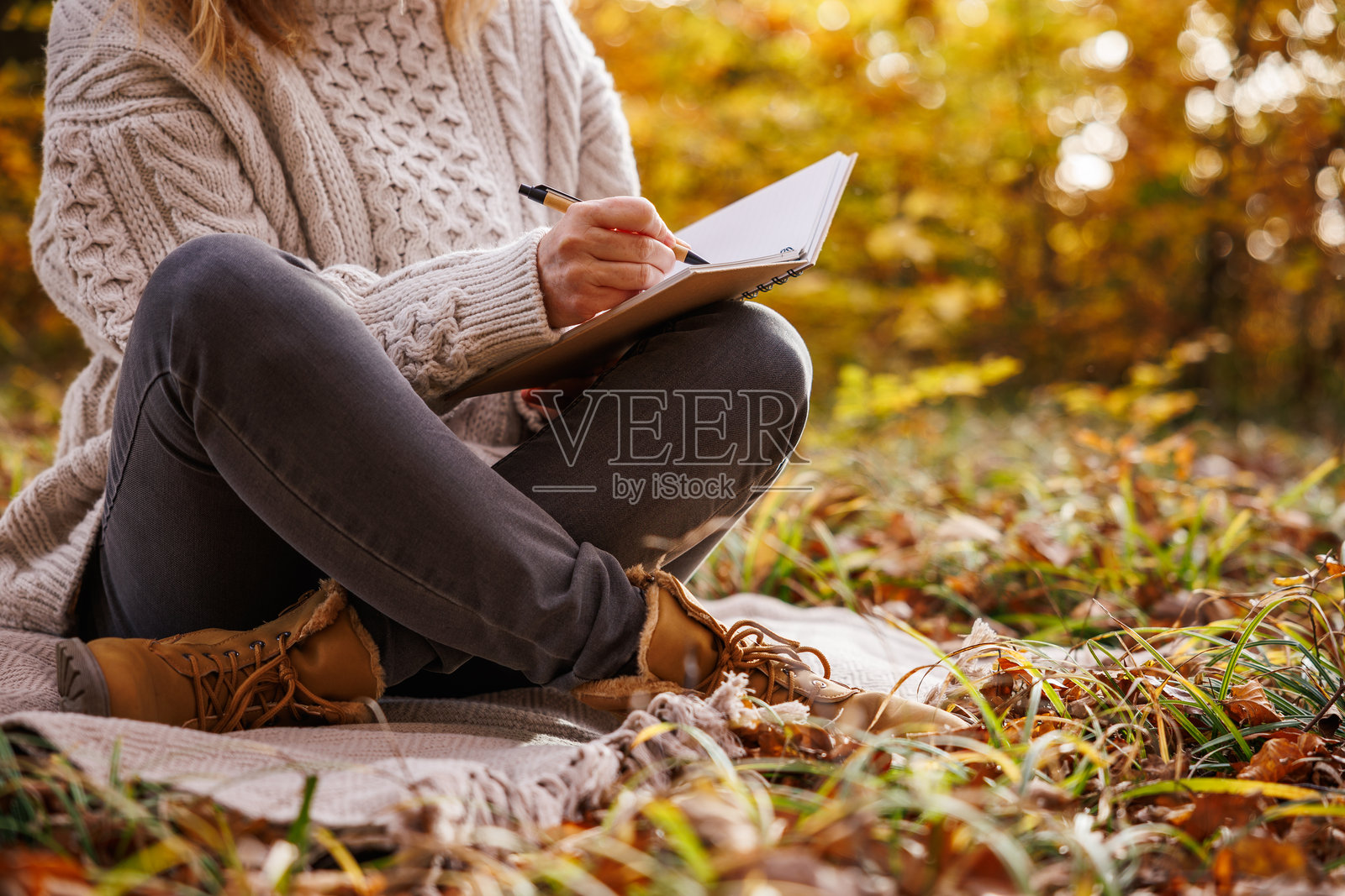 秋日森林里，女子坐在毯子上写日记照片摄影图片