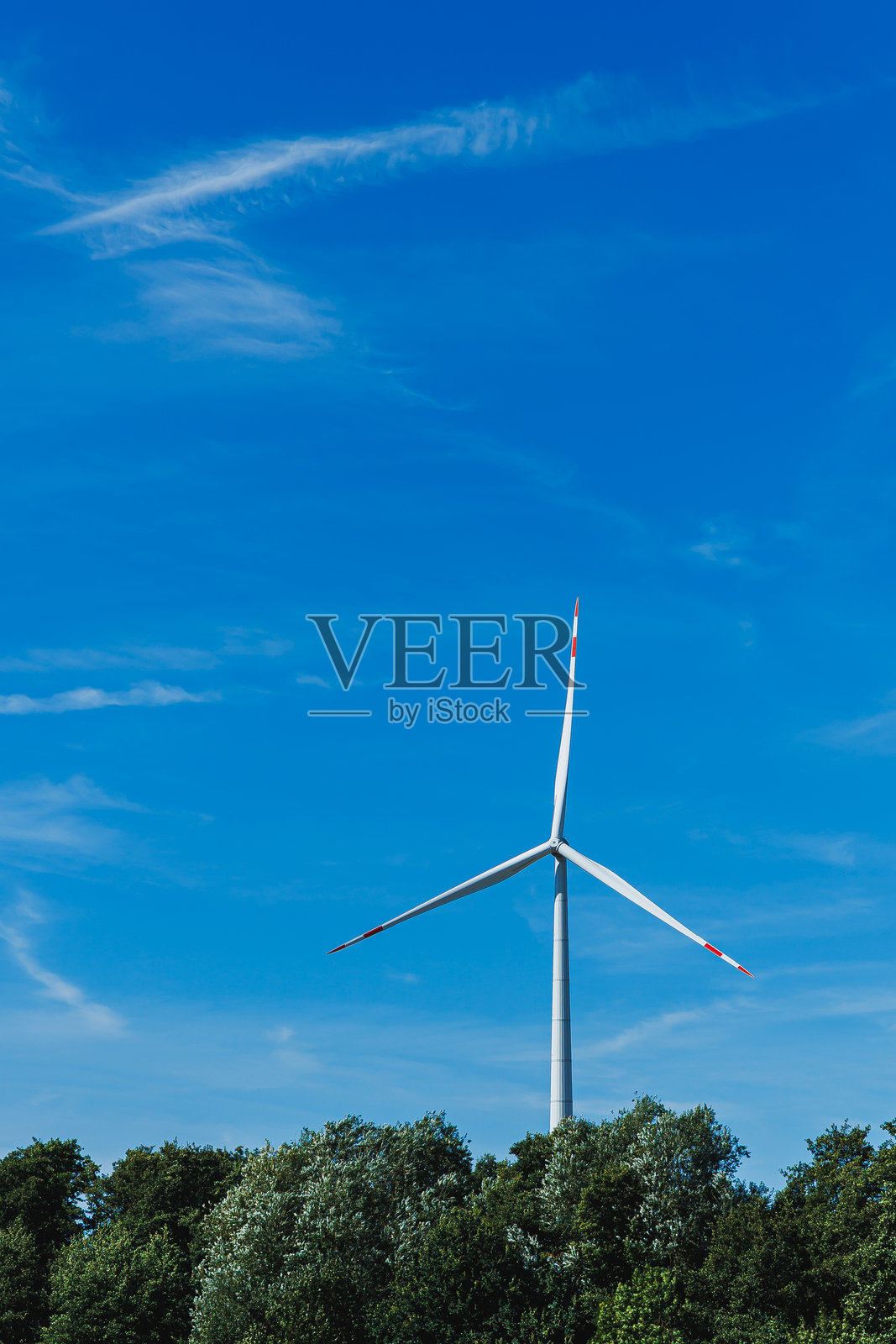 风力发电机矗立在晴朗的蓝天下，四周环绕着绿树，在宁静的风景中展示着可再生能源照片摄影图片