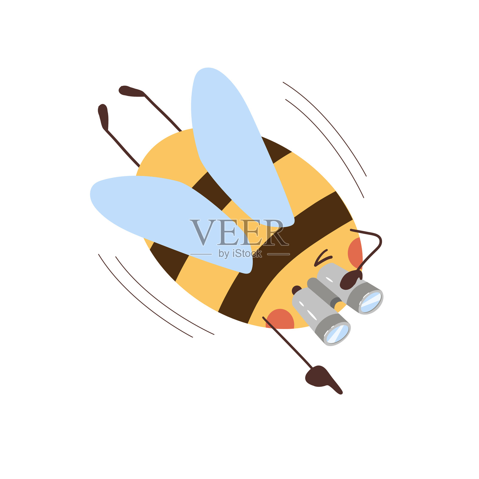 脸颊红润、长着蓝色翅膀的风格化快乐大黄蜂角色插画图片素材