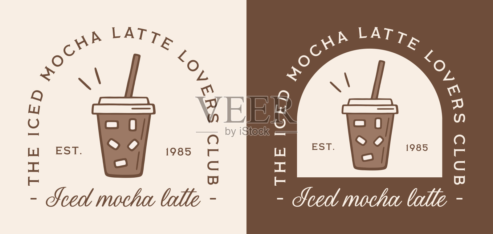 冰摩卡拿铁爱好者俱乐部徽章贴纸标签 复古怀旧摩卡奇诺咖啡插画 棕色美学女孩T恤设计 可打印插画海报印刷品插画图片素材