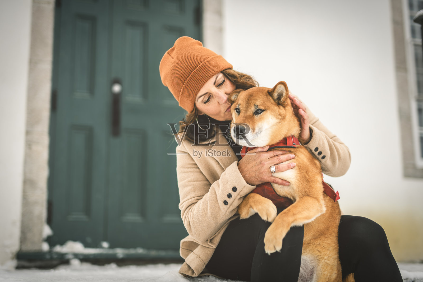 一只红色柴犬幼犬在森林雪地边缘与女主人拍摄的肖像照照片摄影图片