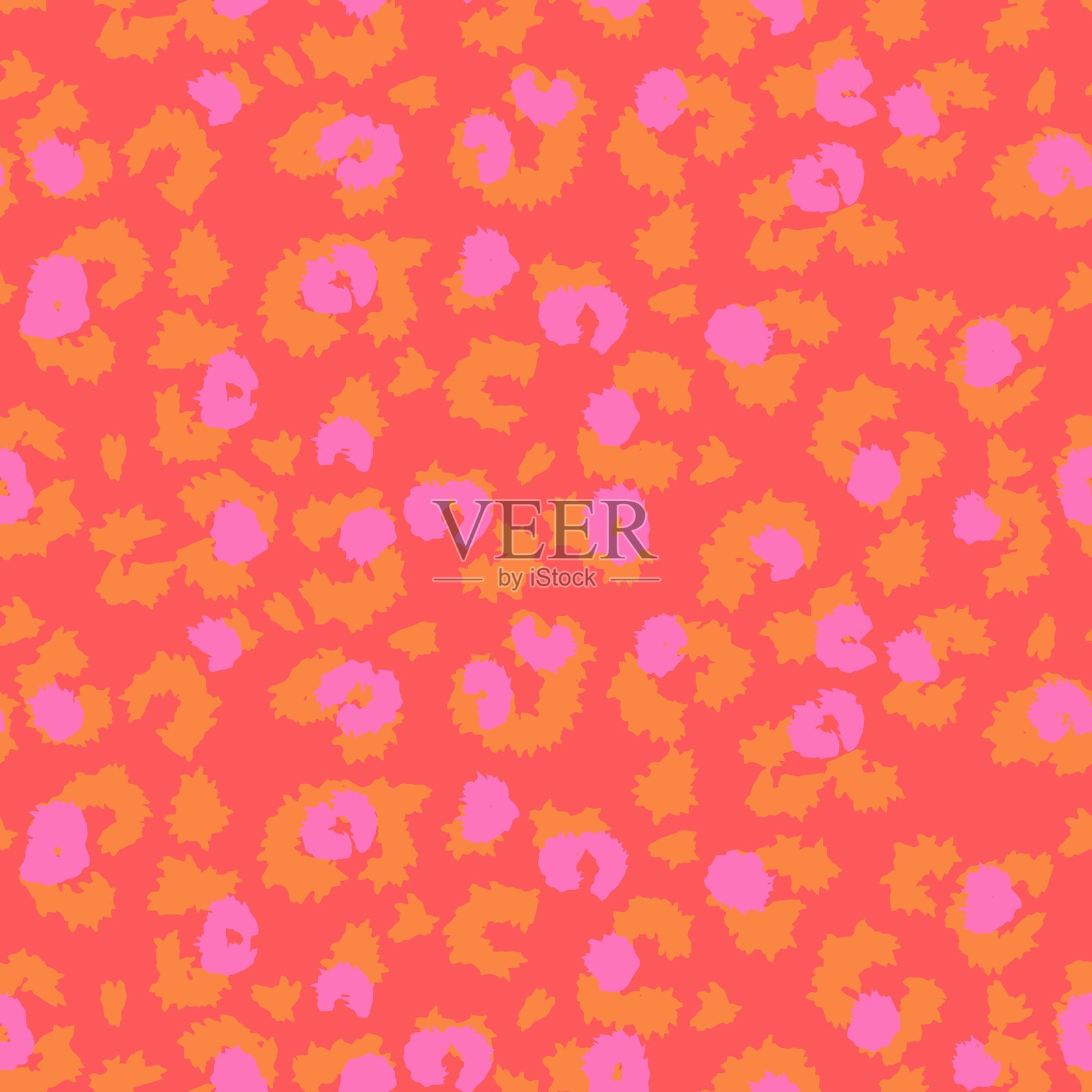 时尚无缝豹纹矢量图案，背景为红色，带有鲜艳的橙色轮廓和粉色点缀。非常适合时尚、童装、文具和趣味品牌项目。插画图片素材