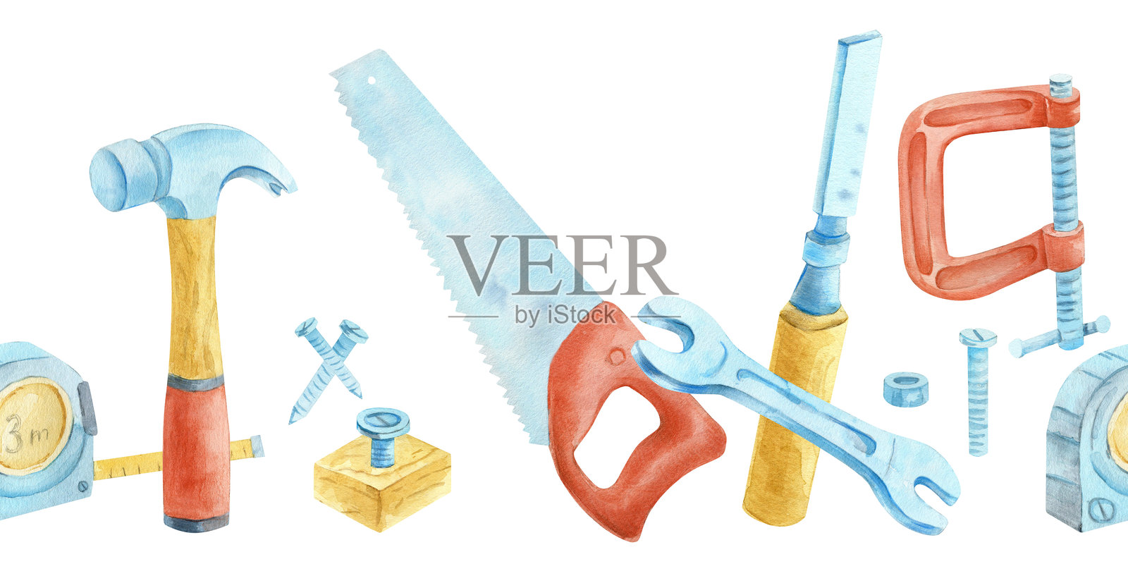 水彩风格DIY手工工具无缝边框图案。适用于研讨会、车库主题、家居装修设计、工艺项目、包装的横幅插画。插画图片素材