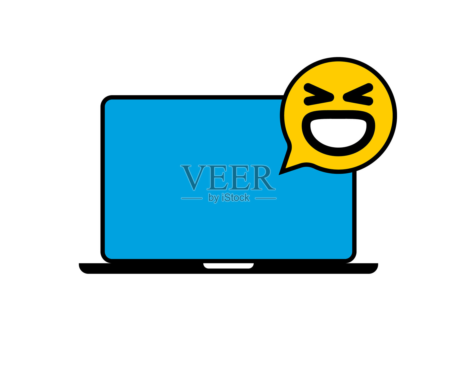 快乐的表情符号出现在对话气泡和笔记本电脑上插画图片素材