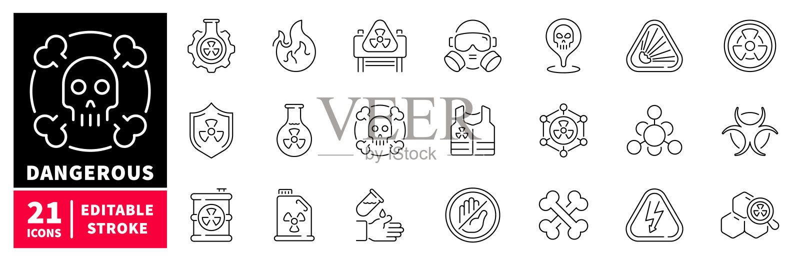 危险符号图标集。可编辑线条图标，轮廓，警告和危险标志插画图片素材