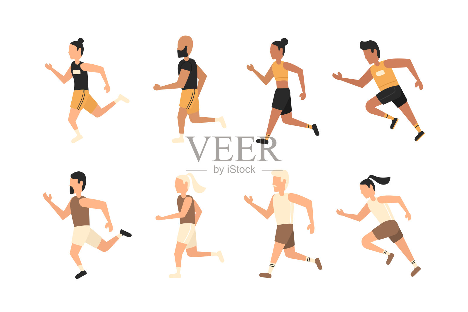 扁平化设计风格插画中，一群不同的人在奔跑插画图片素材