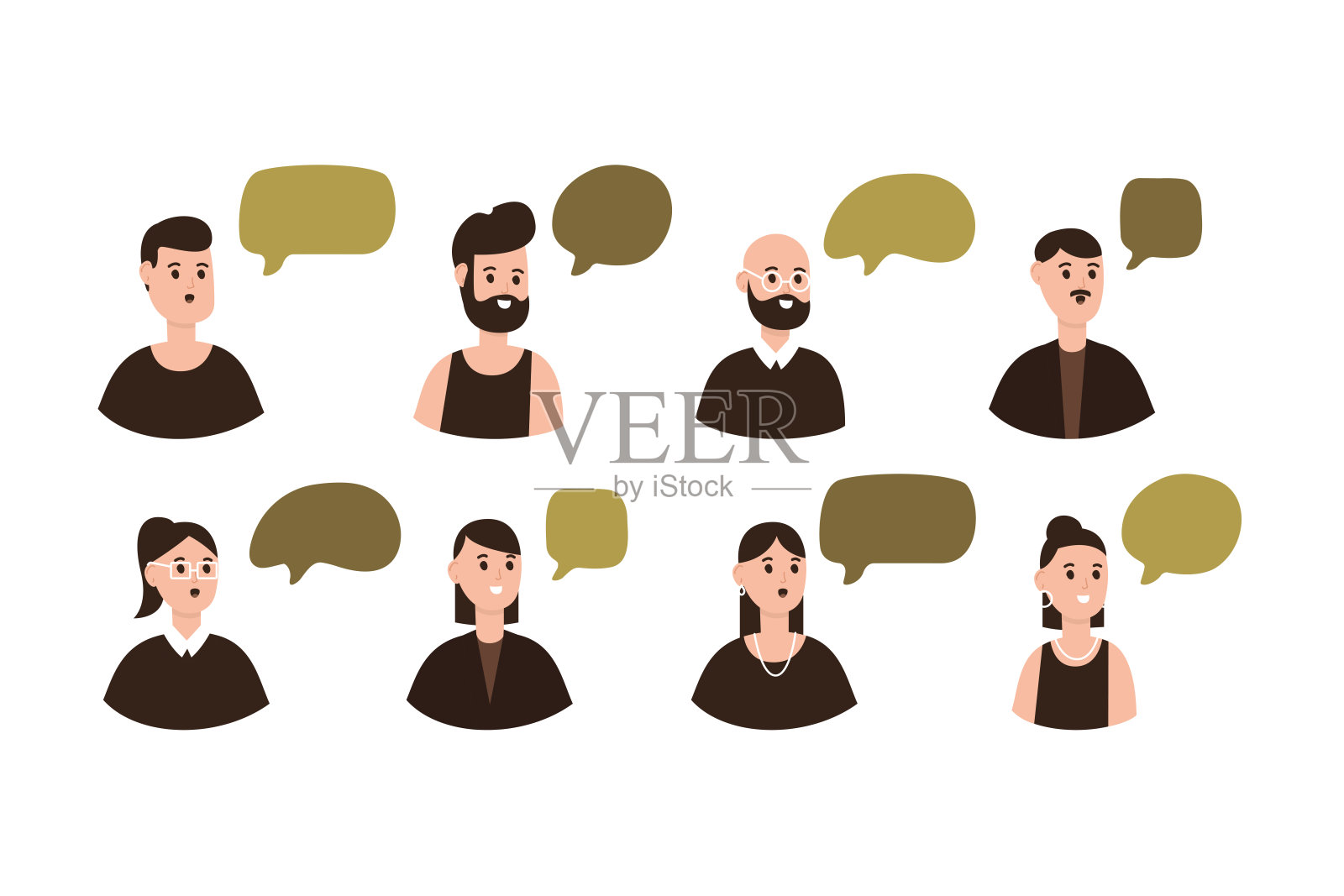 一群不同背景的人们通过对话气泡交流，代表着对话和想法插画图片素材