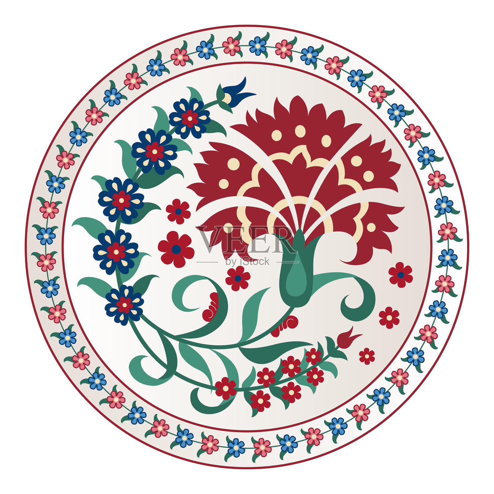 圆形花卉插画，伊兹尼克风格，苏扎尼风格。插画图片素材