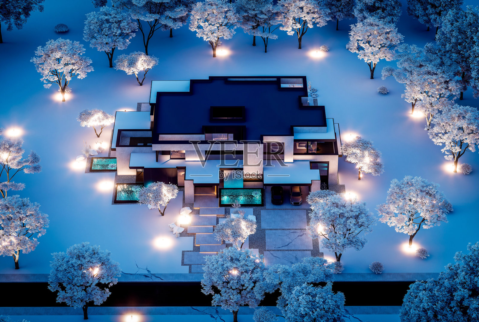 冬季夜晚，一座拥有混凝土外墙的两层房屋的3D渲染图照片摄影图片