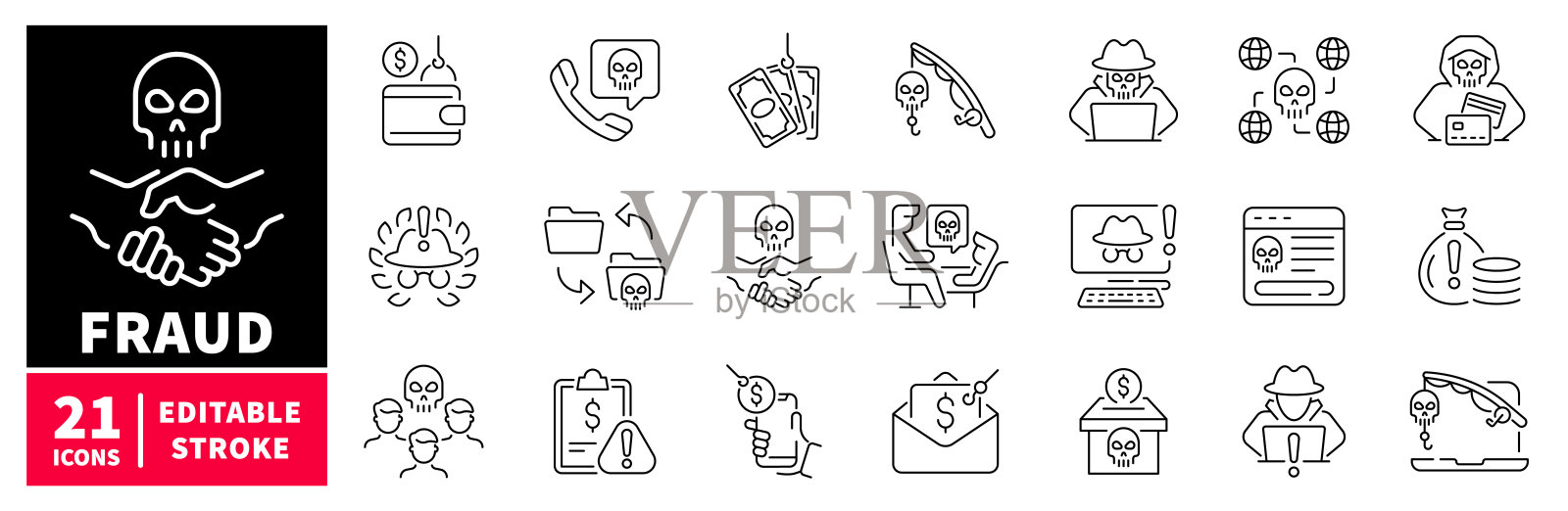 欺诈与安全图标集。可编辑的线条图标，网络犯罪，保护符号插画图片素材