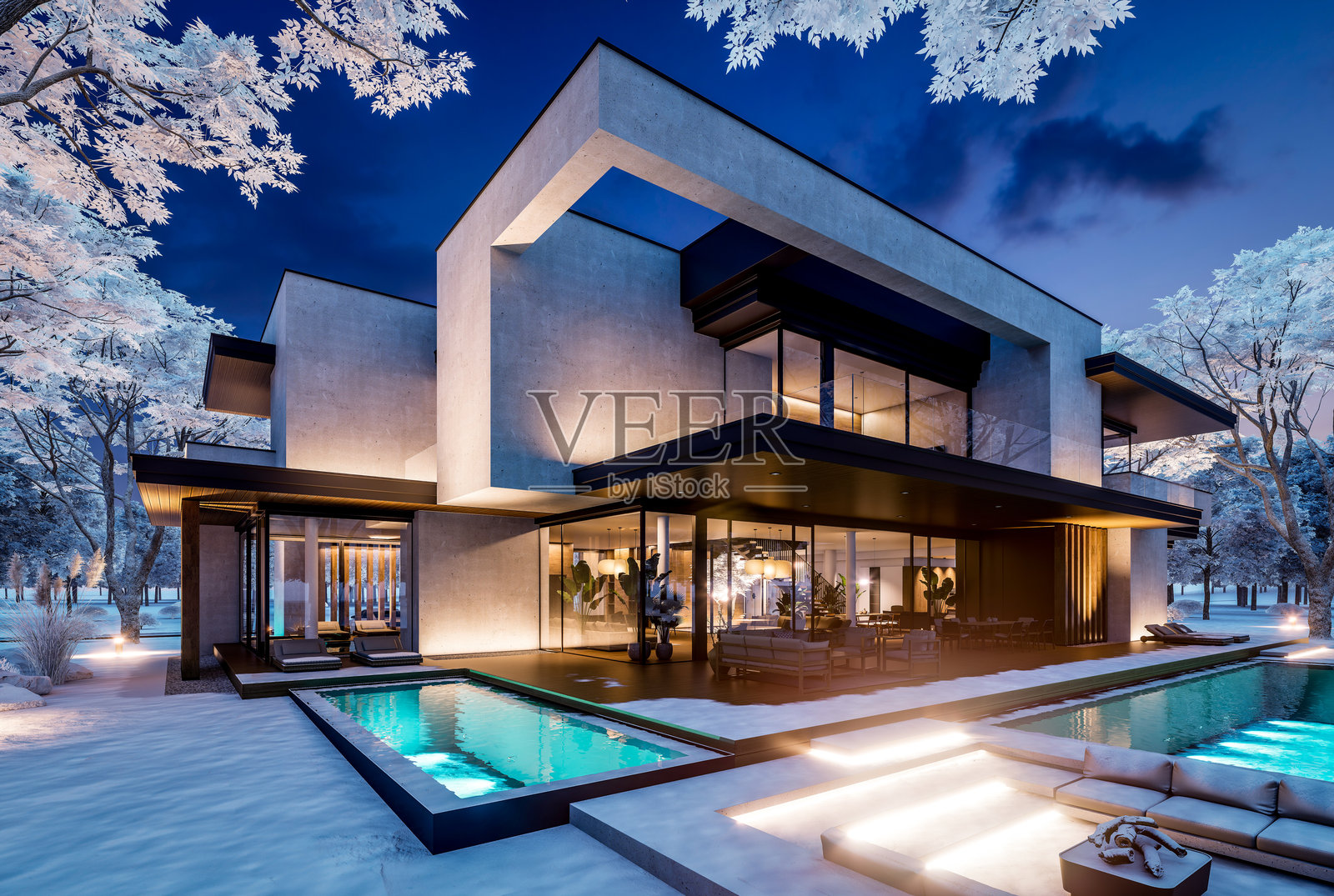 冬季夜晚，两层楼的混凝土外墙房屋的3D渲染图照片摄影图片