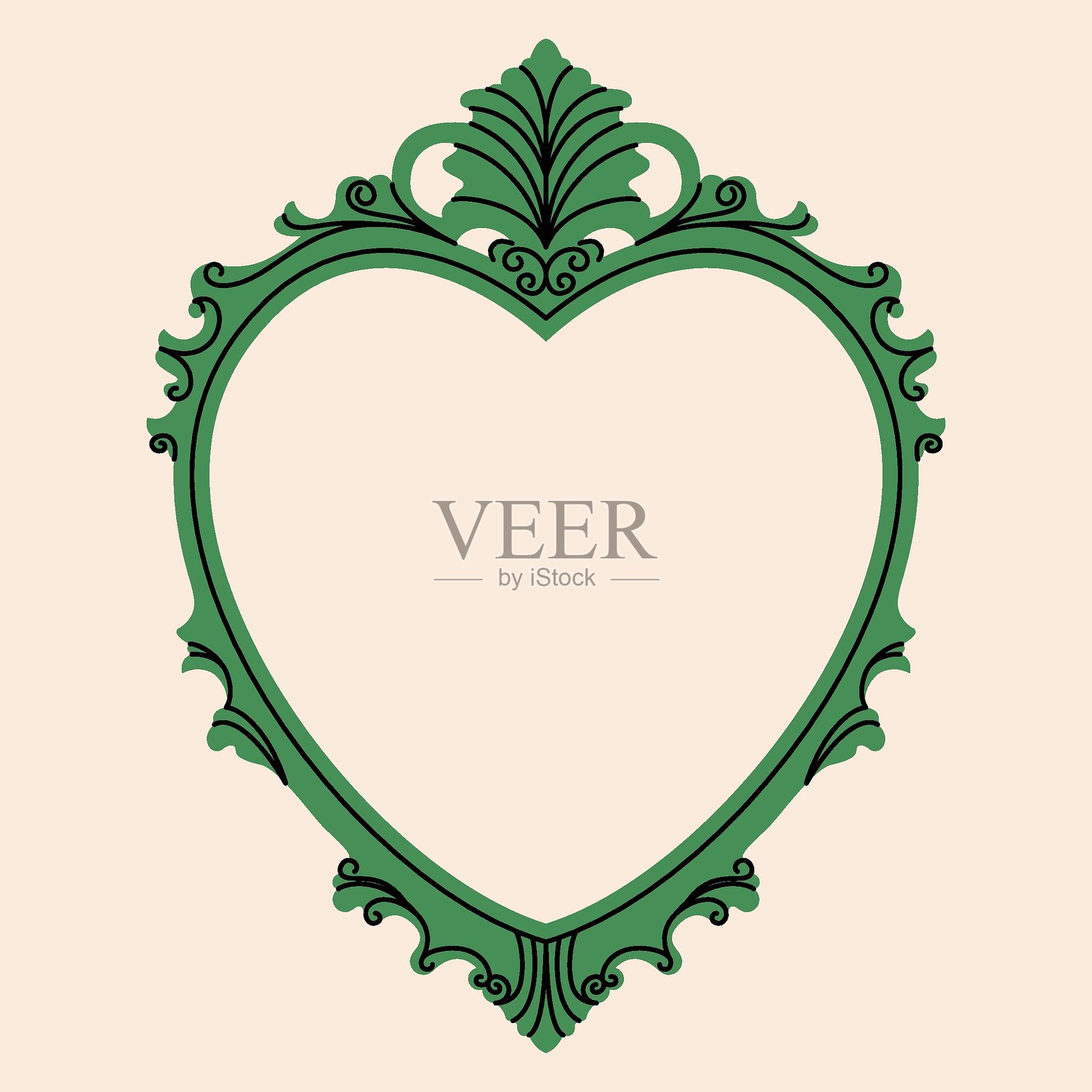 复古镜框。古董空相框，带有装饰，复古巴洛克洛可可装饰边框，现代优雅心形镜子扁平卡通风格。矢量图插画图片素材