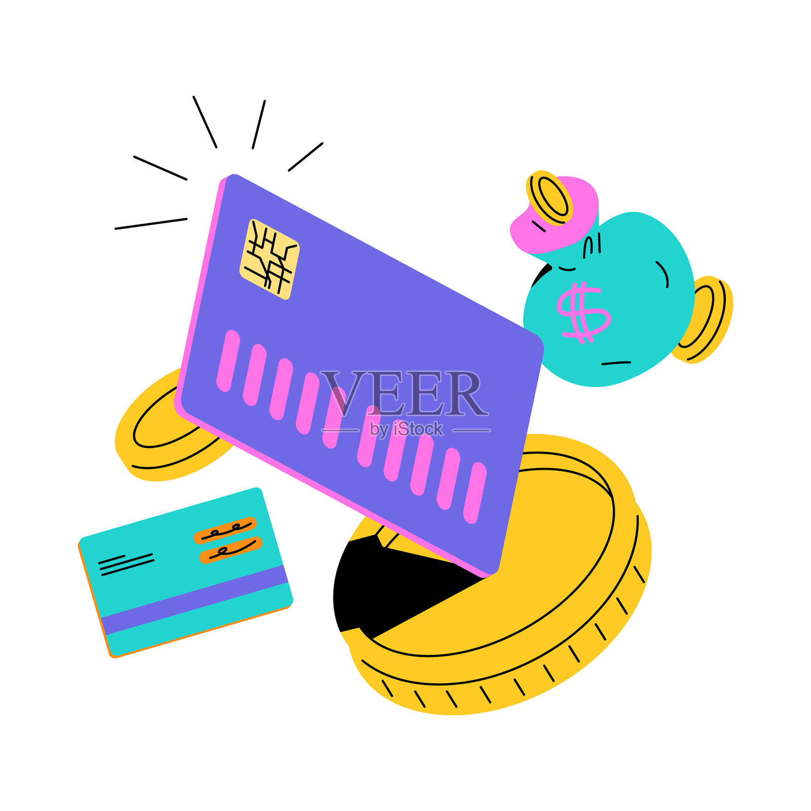 信用卡、硬币和储蓄罐的数字支付概念扁平插画插画图片素材