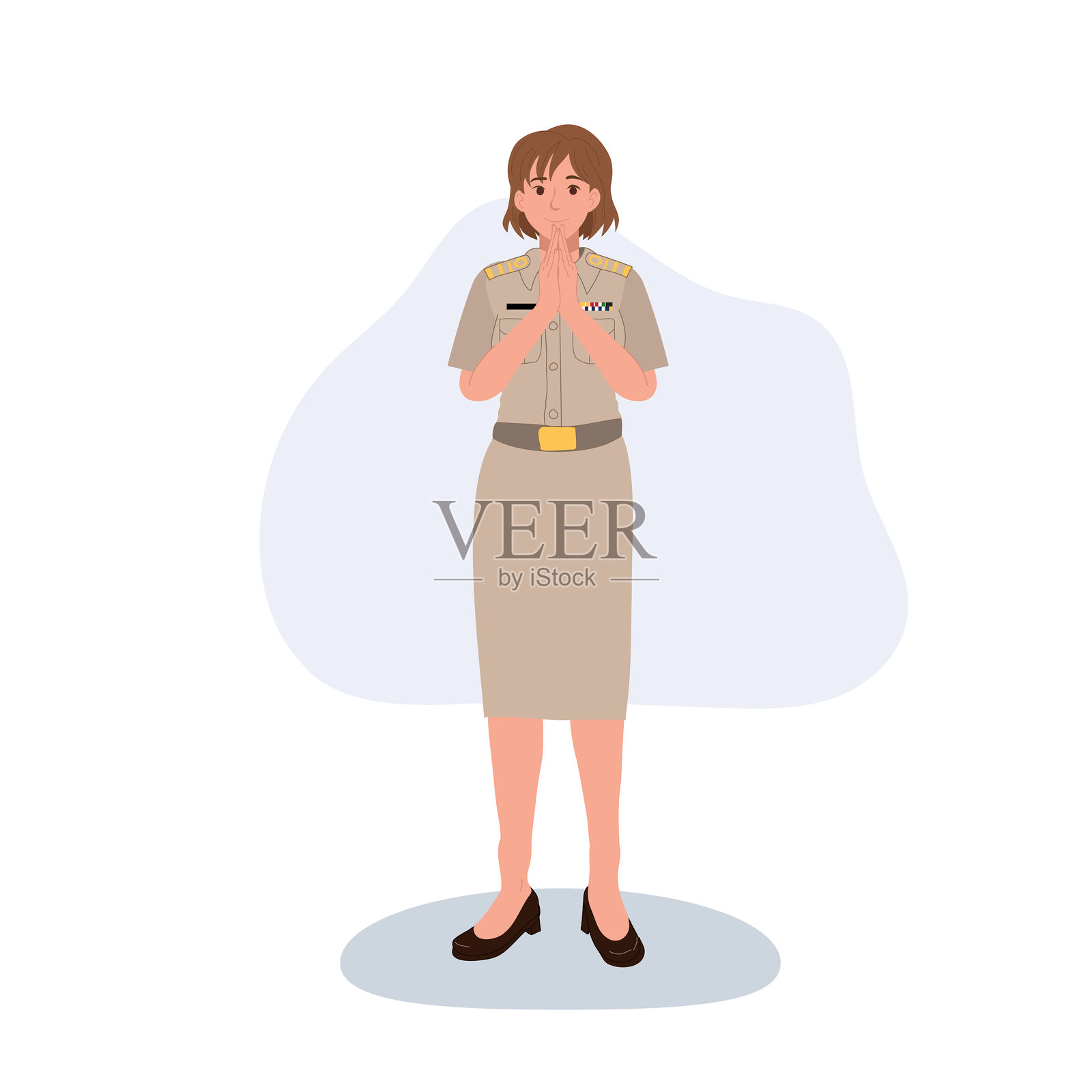身穿卡其色制服的泰国政府女官员正在行合十礼。插画图片素材