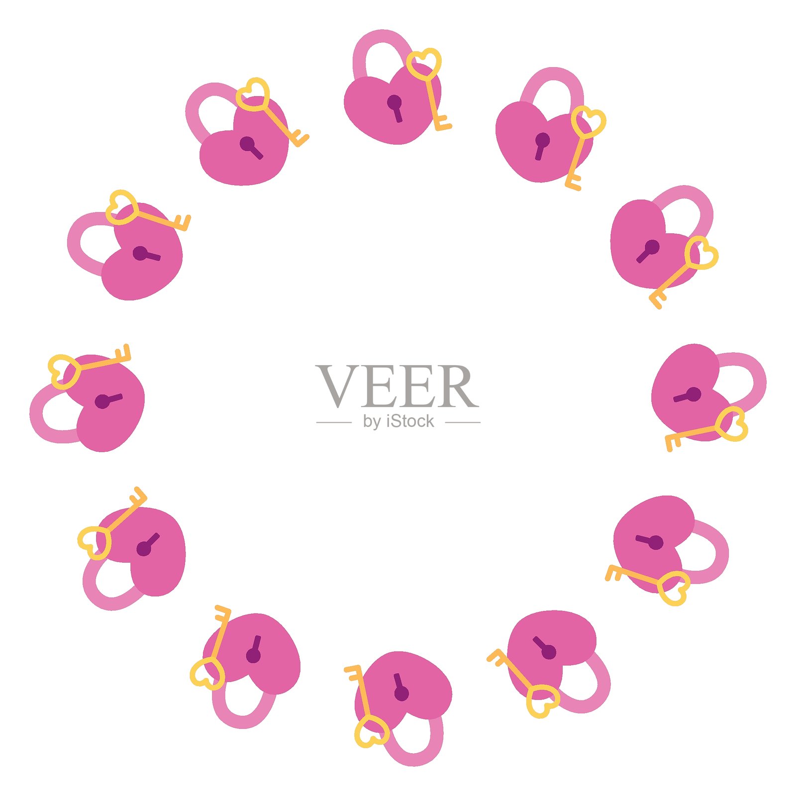 带有心形锁和钥匙的圆形边框。孤立的白色背景。扁平风格的矢量图插画图片素材