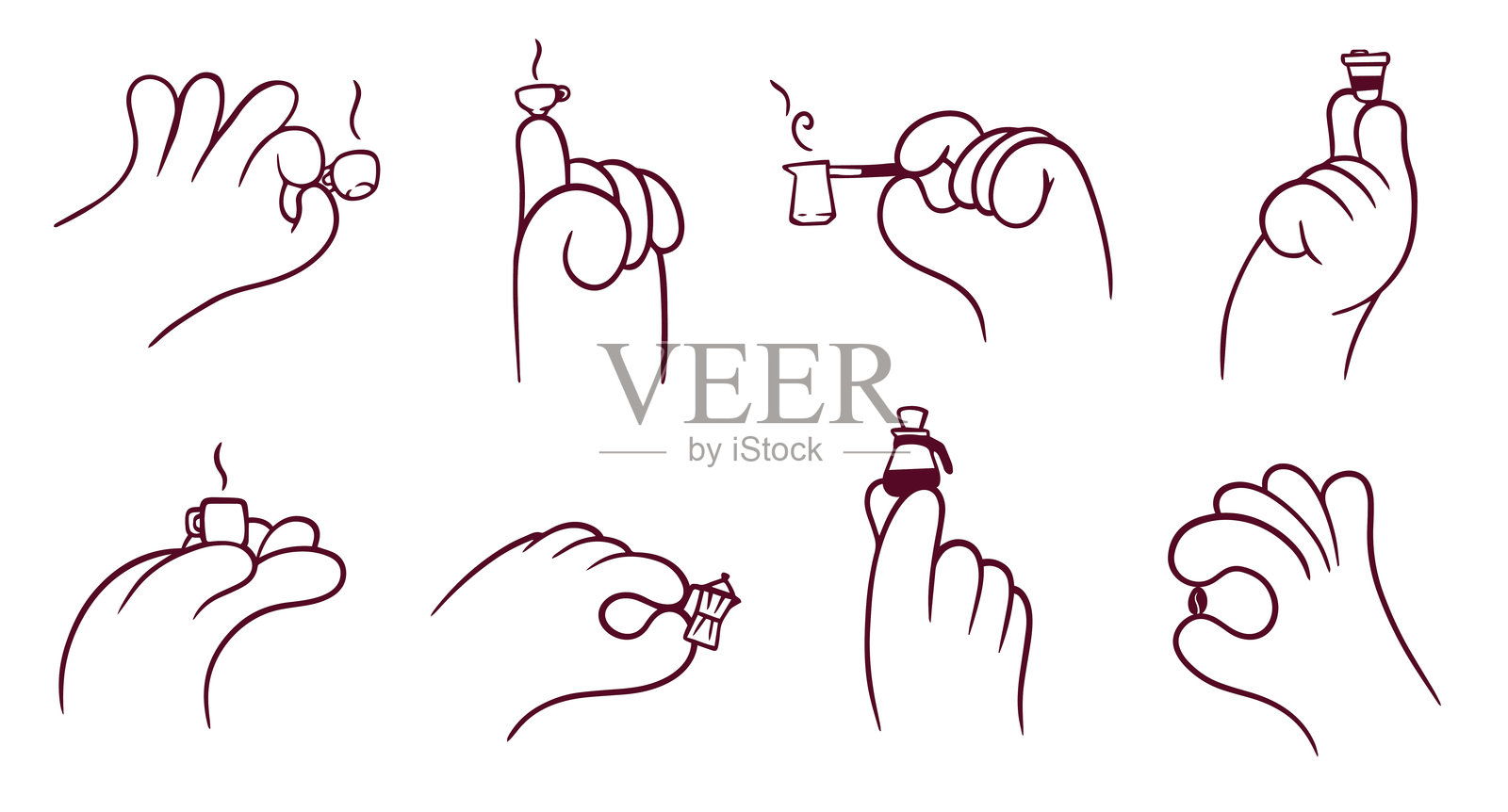 卡通可爱的手拿着咖啡杯、咖啡豆和咖啡制作设备。一套抽象的涂鸦矢量插画手势，适用于贴纸。插画图片素材