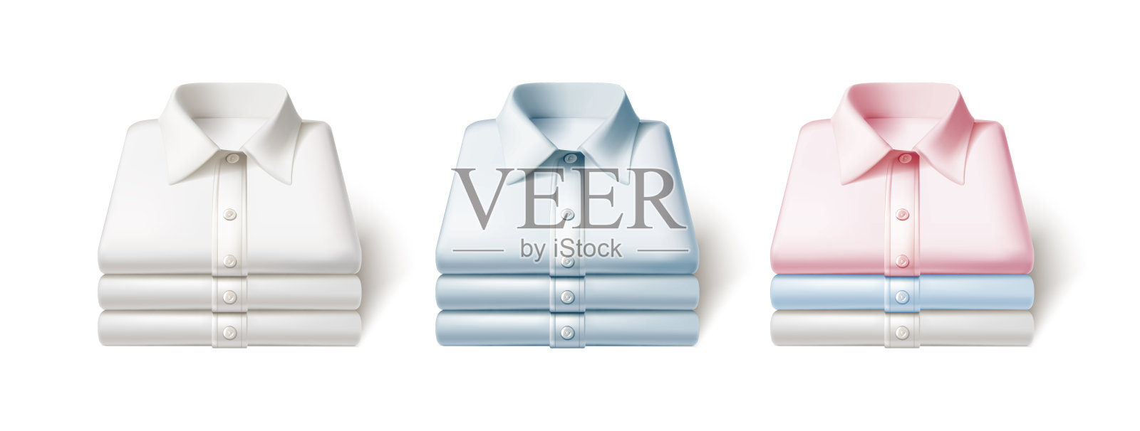 3D写实矢量图标插画。叠放的白色、粉色和蓝色熨烫过的衬衫堆，正面视图。孤立在白色背景上。照片摄影图片