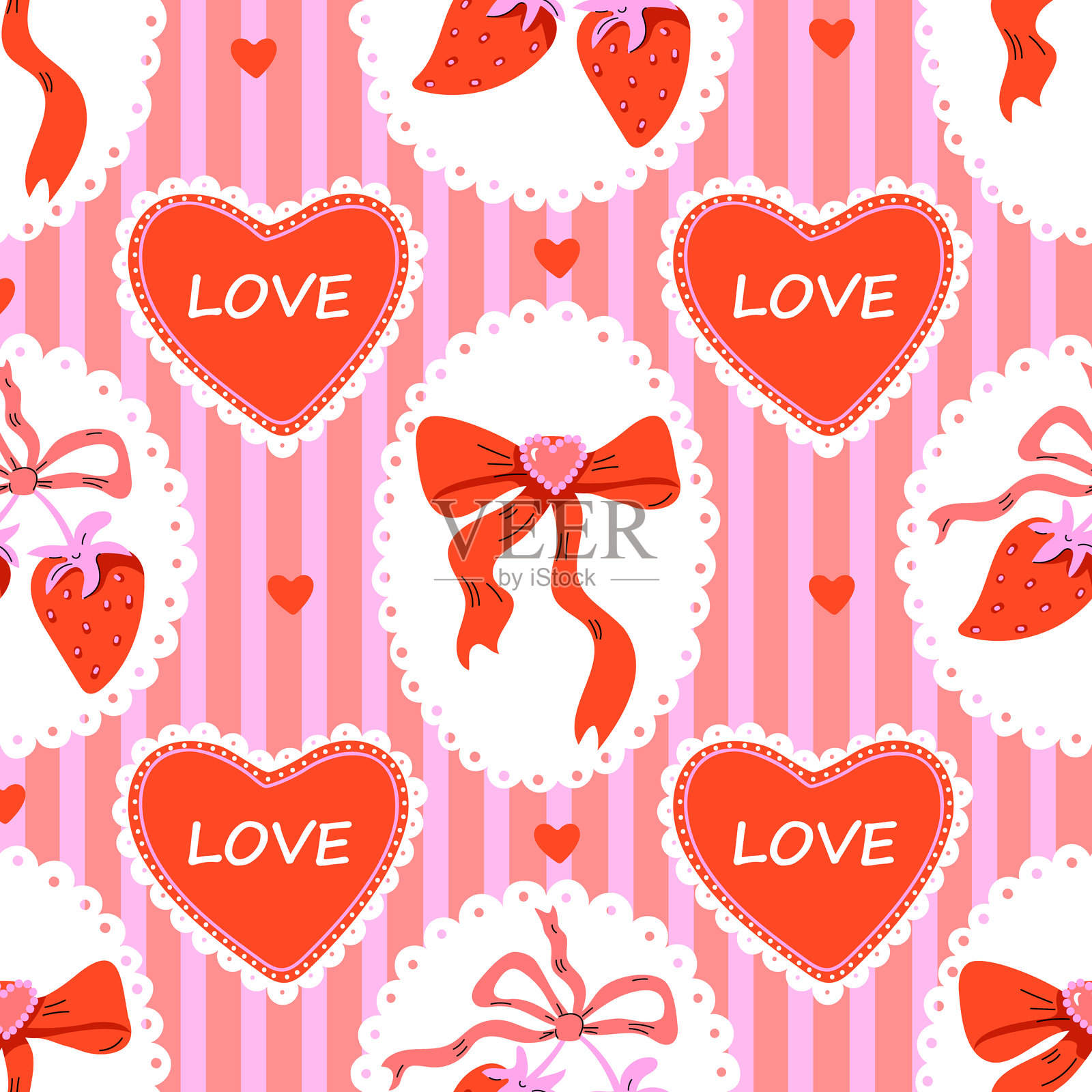 条纹背景上带有心形、蝴蝶结和草莓的无缝复古图案。红色和粉色的俏皮浪漫设计，关于爱。适合情人节、爱情主题插画图片素材