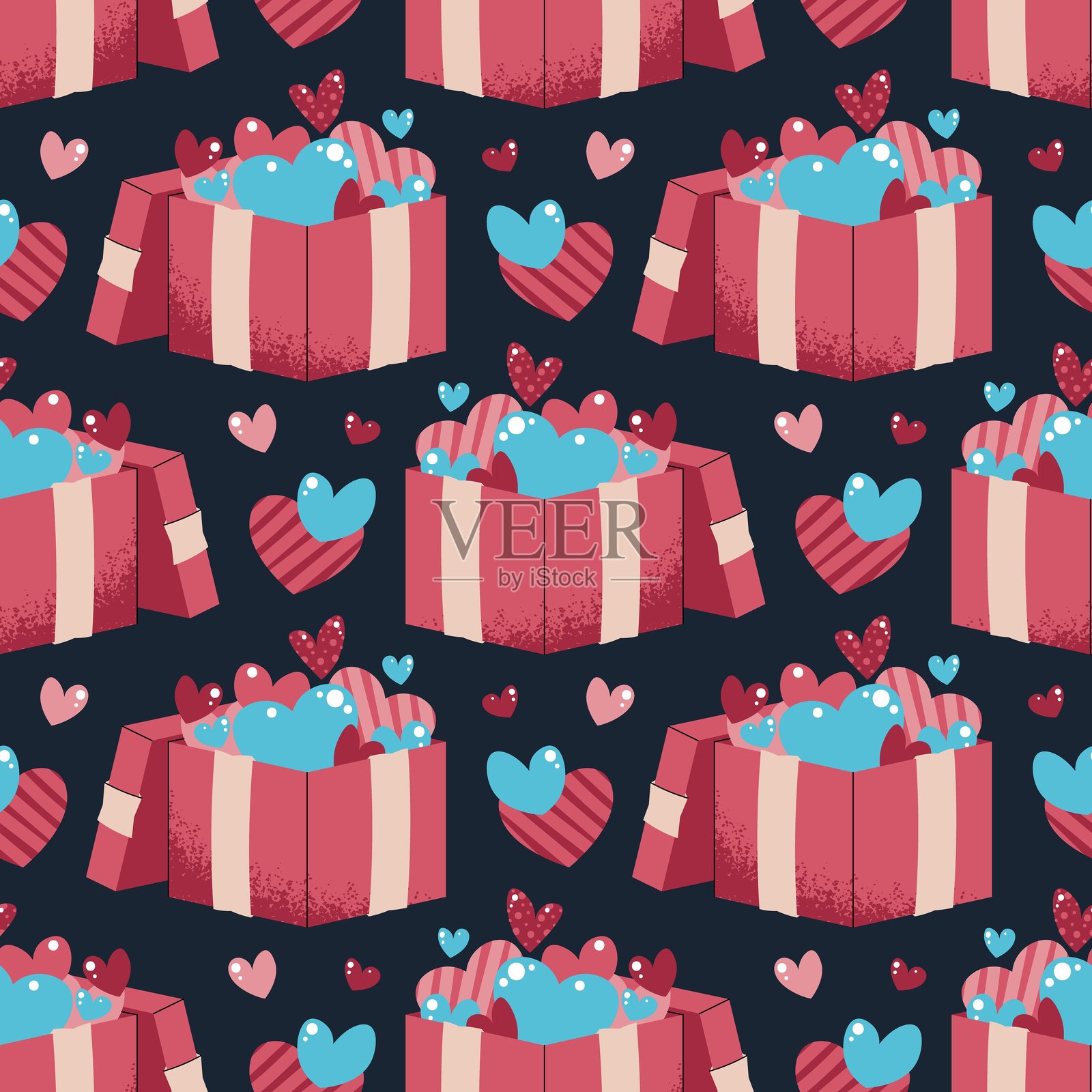 扁平风格的礼盒和飞舞的心形无缝图案。情人节惊喜纹理，适用于织物、背景、包装、壁纸和表面设计。欢乐释放概念。插画图片素材