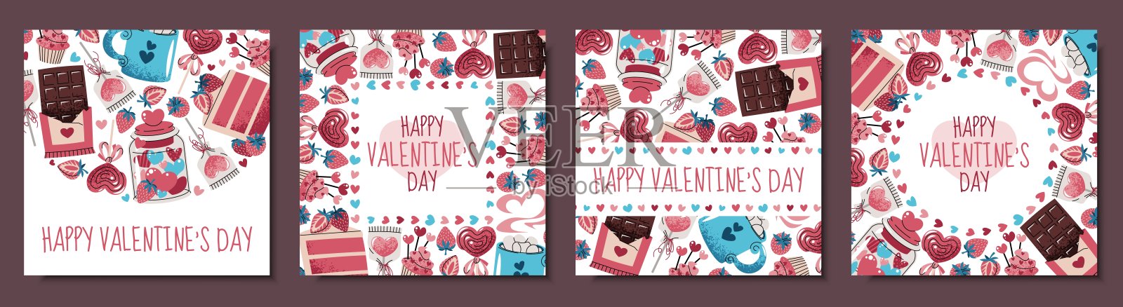 方形贺卡套装，包含糖果、蛋糕、巧克力、草莓、糖果和心形图案。适用于情人节、婚礼、纪念日、爱情庆典。甜点系列概念。可用作横幅、海报、边框。插画图片素材
