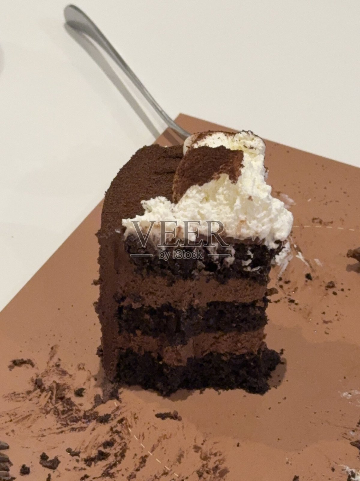 一块浓郁的巧克力蛋糕，蛋糕体湿润如丝绒，散发着浓郁的可可风味。顶部淋着光滑的糖霜，入口即化，是一款诱人而优雅的甜点。照片摄影图片