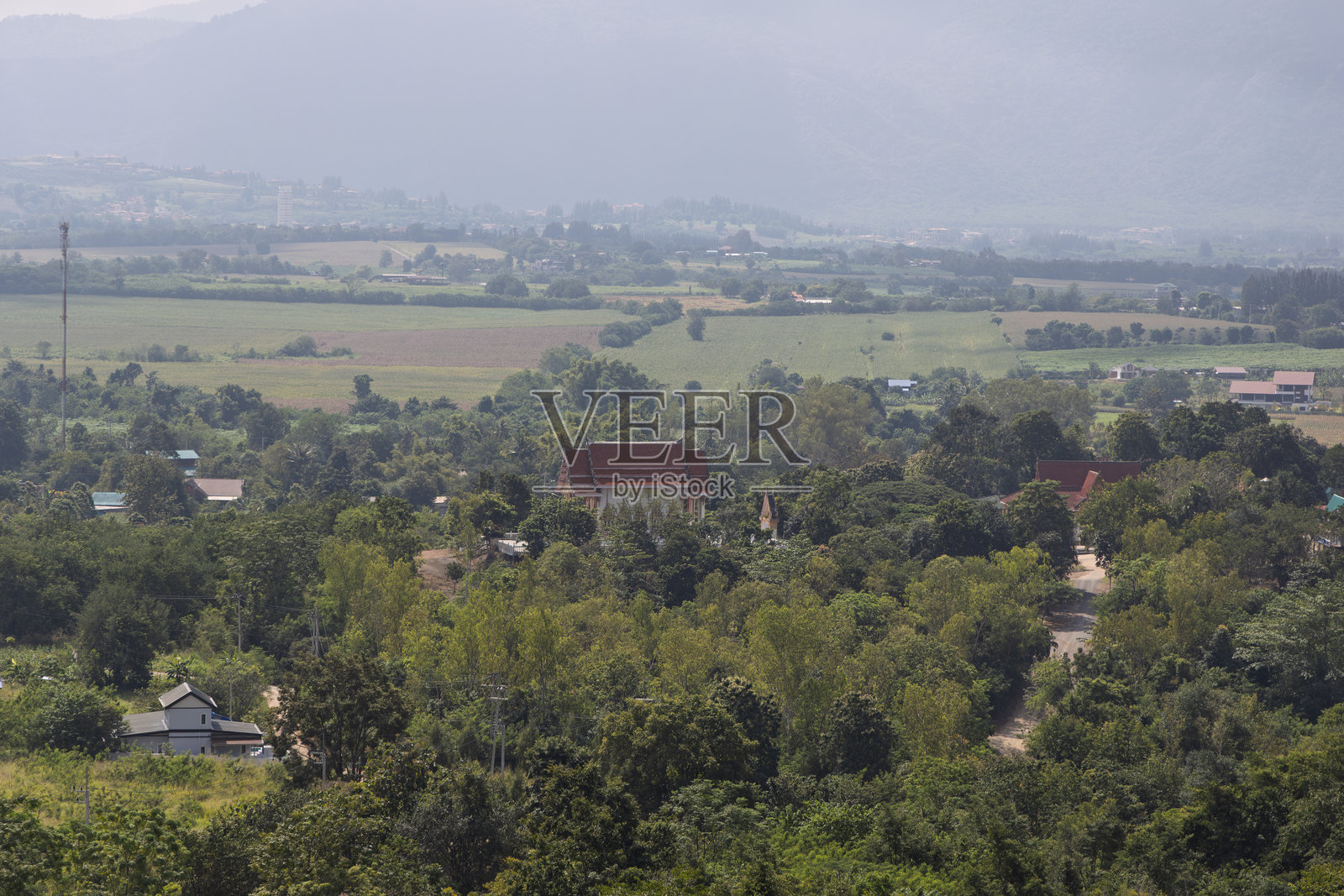泰国考艾，郁郁葱葱的绿色植物中，传统泰国寺庙的全景乡村景观照片摄影图片
