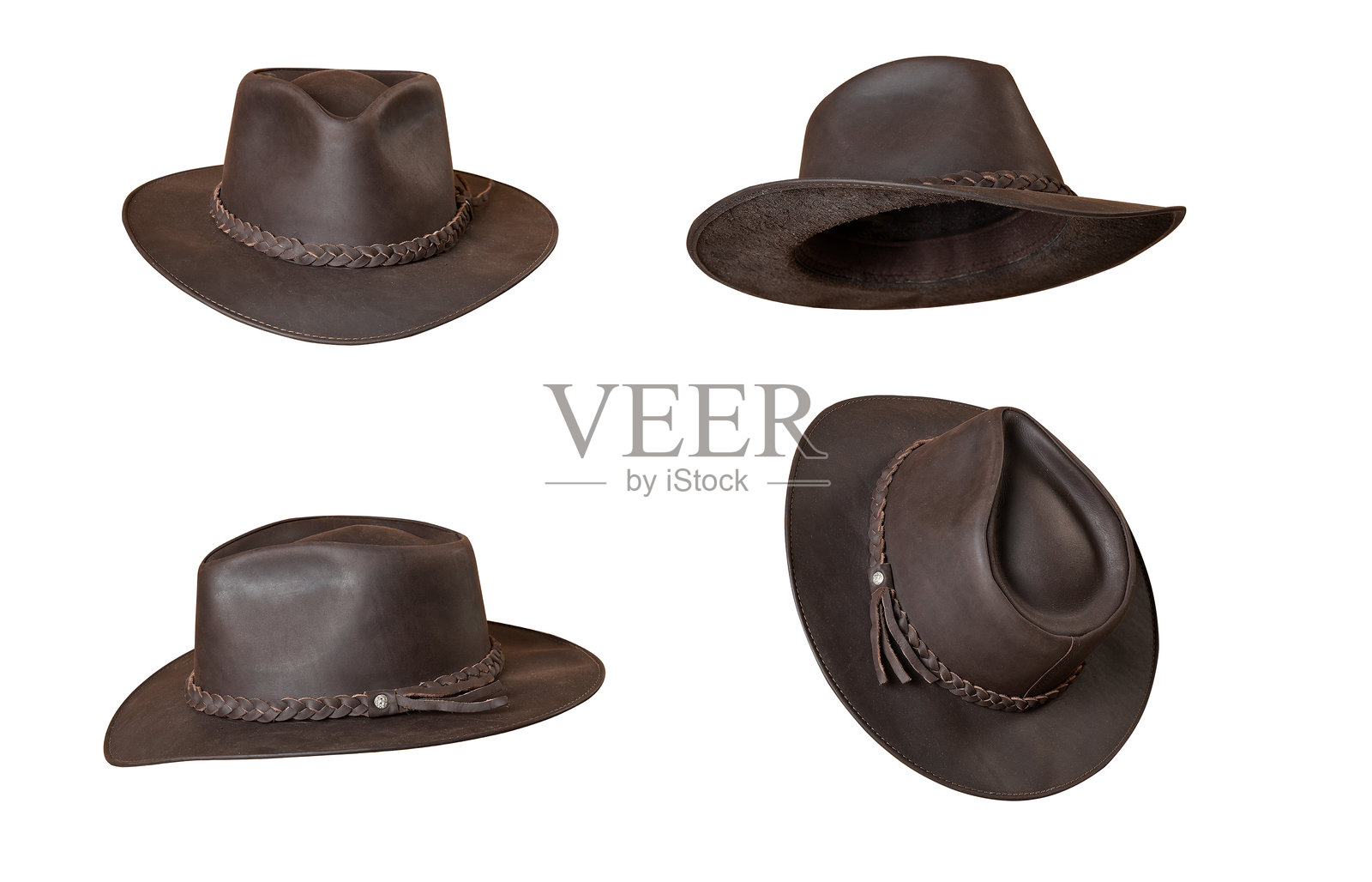 孤立在白色背景上的牛仔风格黑色丝带皮革帽；男女皆宜的天然皮革帽，用于头部保护。照片摄影图片