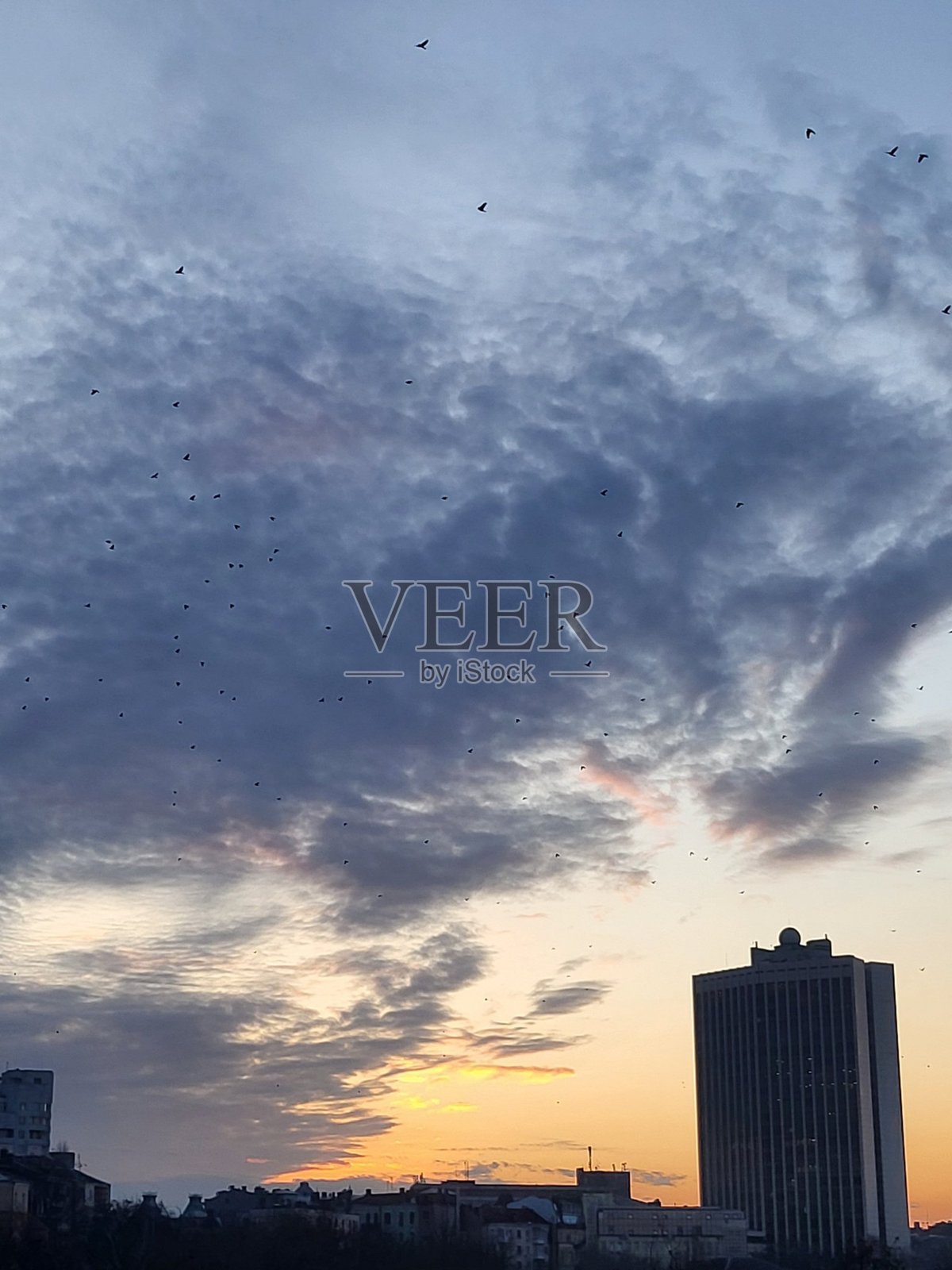 从公寓高层看到的壮丽日出，展示了金色光芒从上方扩散到城市天际线的壮丽景象。照片摄影图片