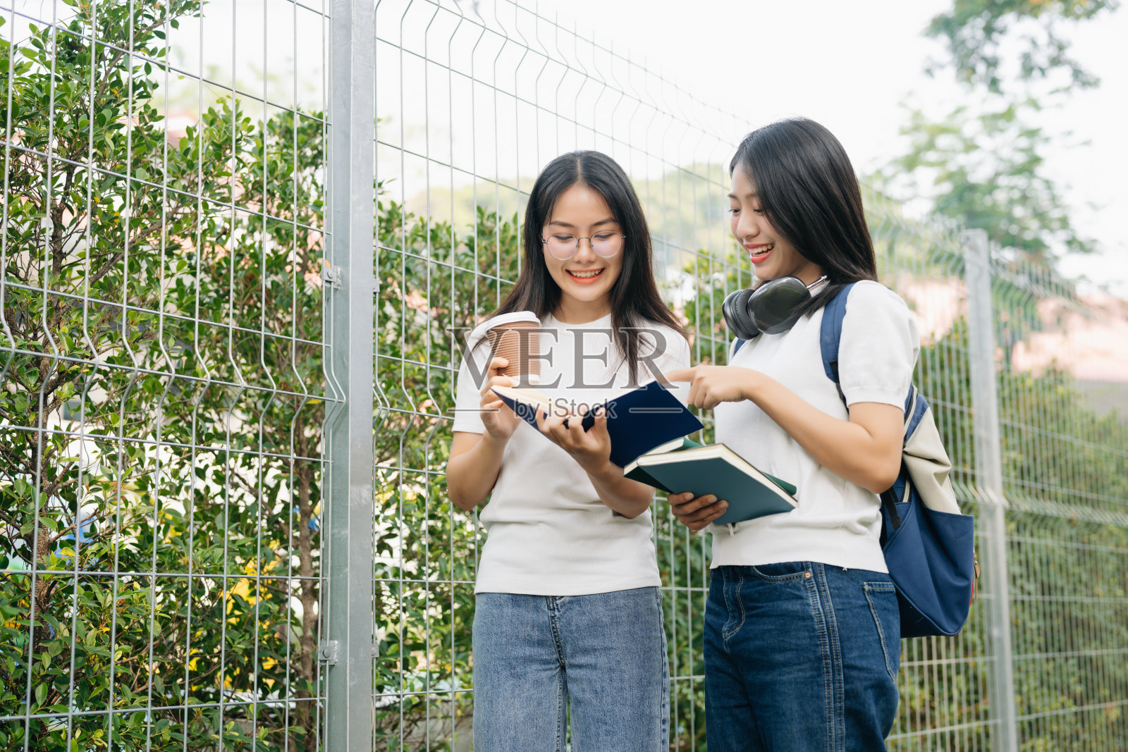 年轻的大学生在校园公园的草地上和朋友们一起放松阅读，这是早晨的教育概念。照片摄影图片