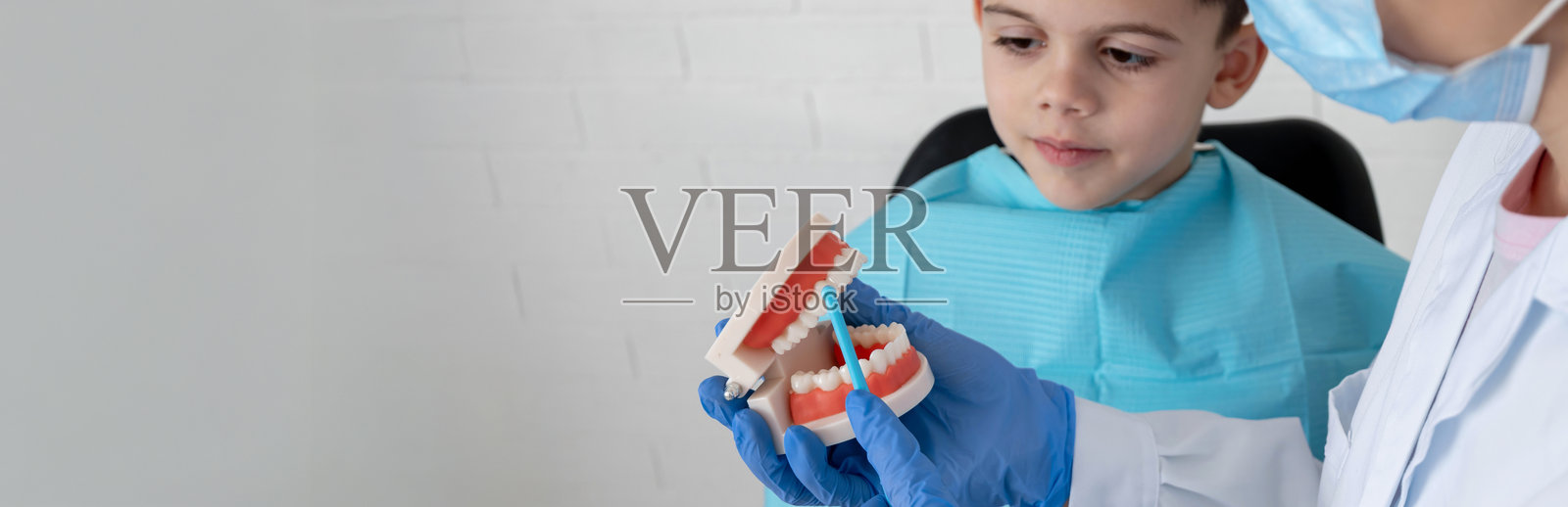 牙医向孩子展示颌骨模型，教授正确的牙齿卫生知识照片摄影图片