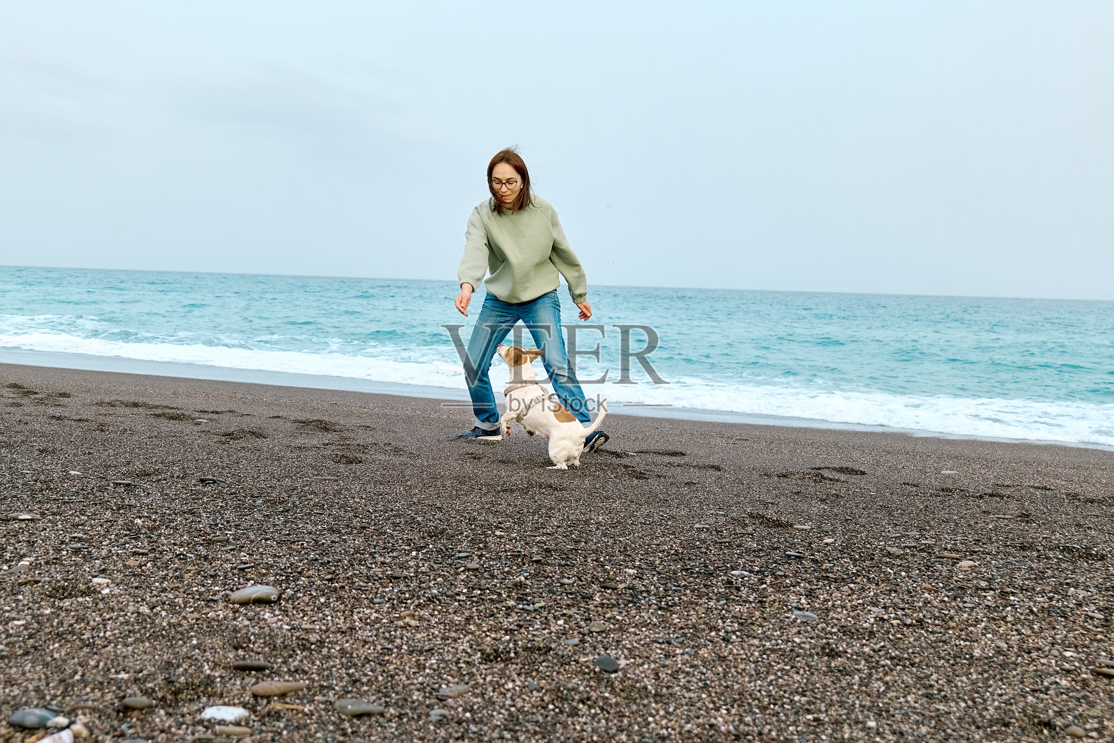 一位女士在中等季节的海滩上与她的杰克罗素梗犬共度时光，进行训练和玩耍。照片摄影图片