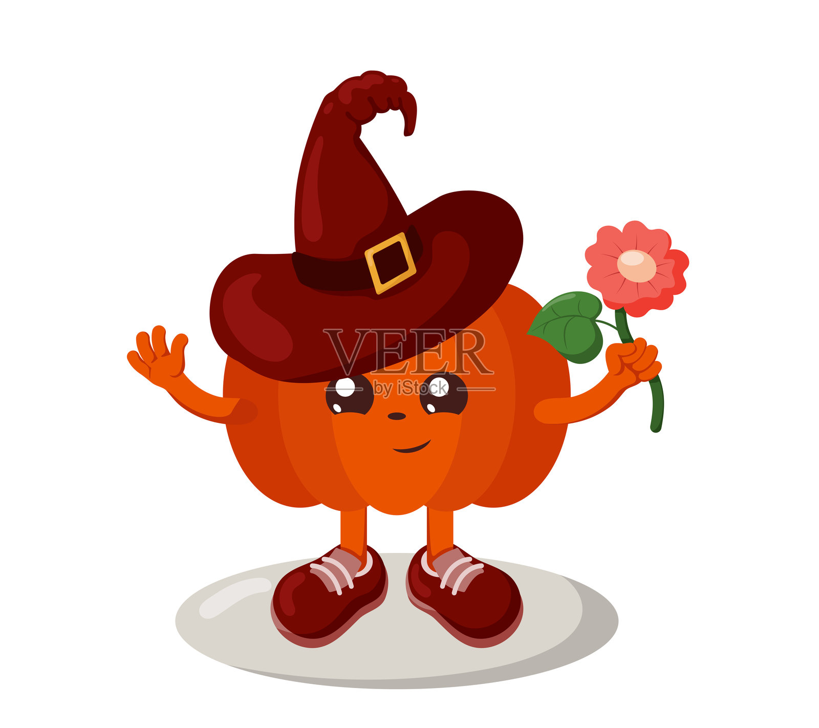 戴着巫师帽、拿着花的可爱搞怪万圣节南瓜插画图片素材